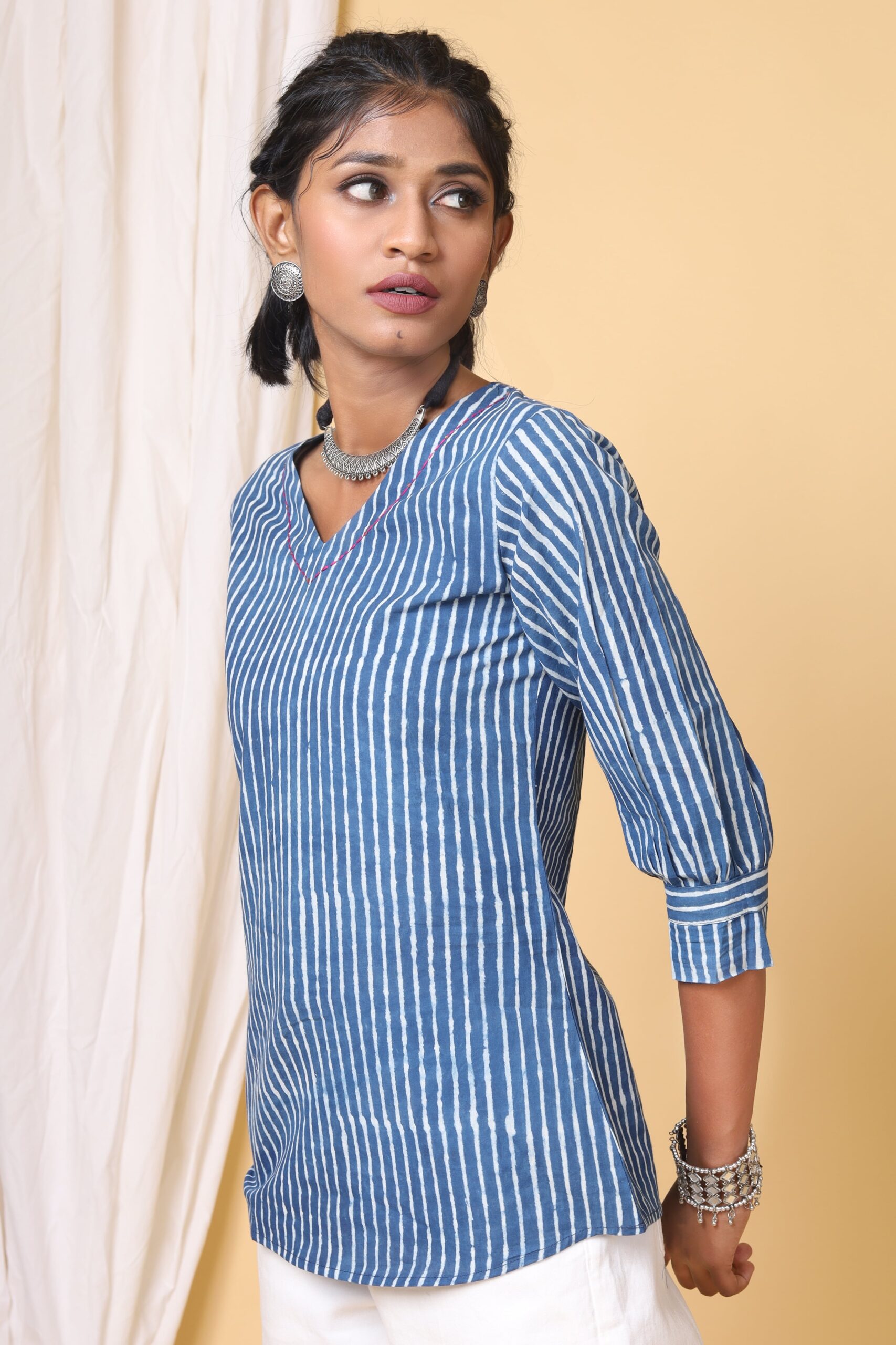 Indigo Stripes Short Top with Thread Tagai