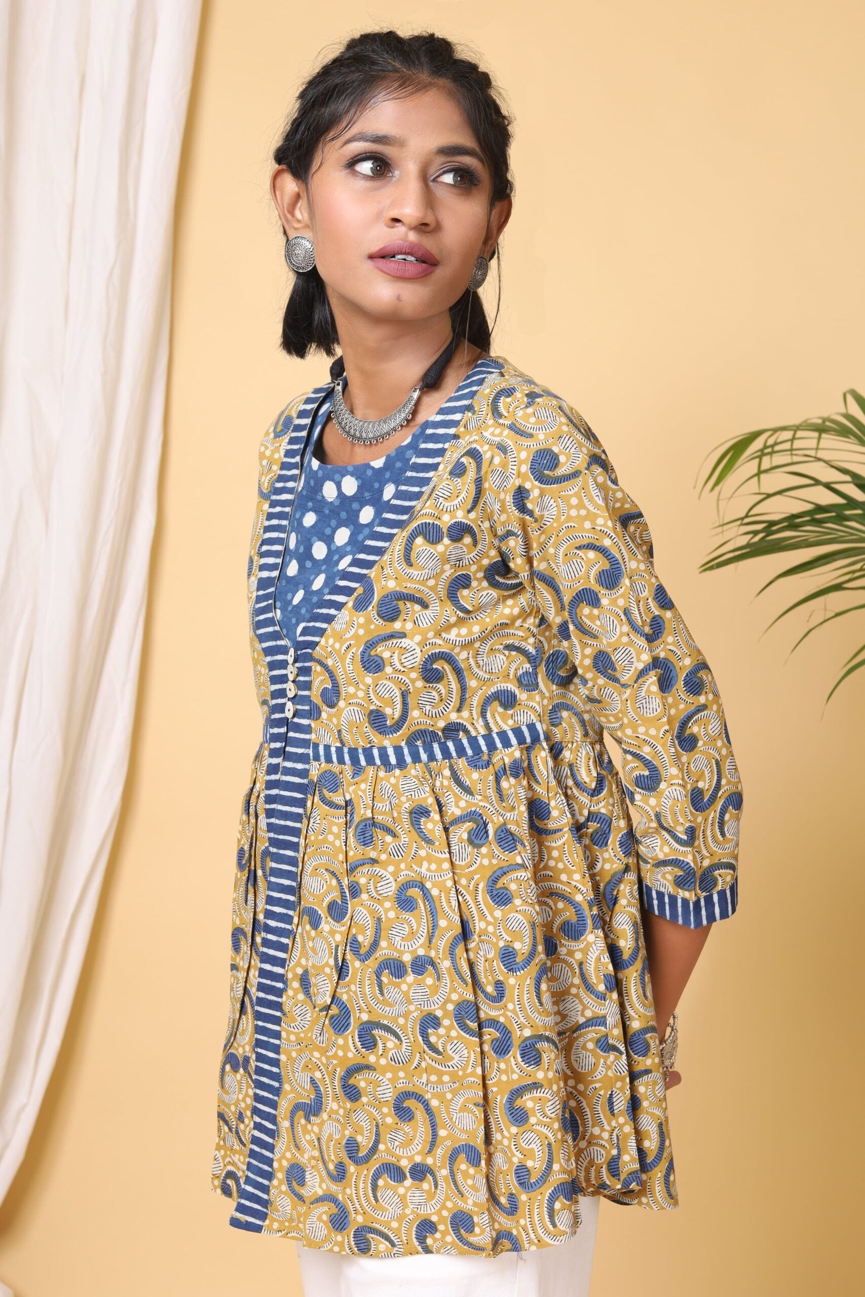 Mustard Handblock Printed Double Short Top