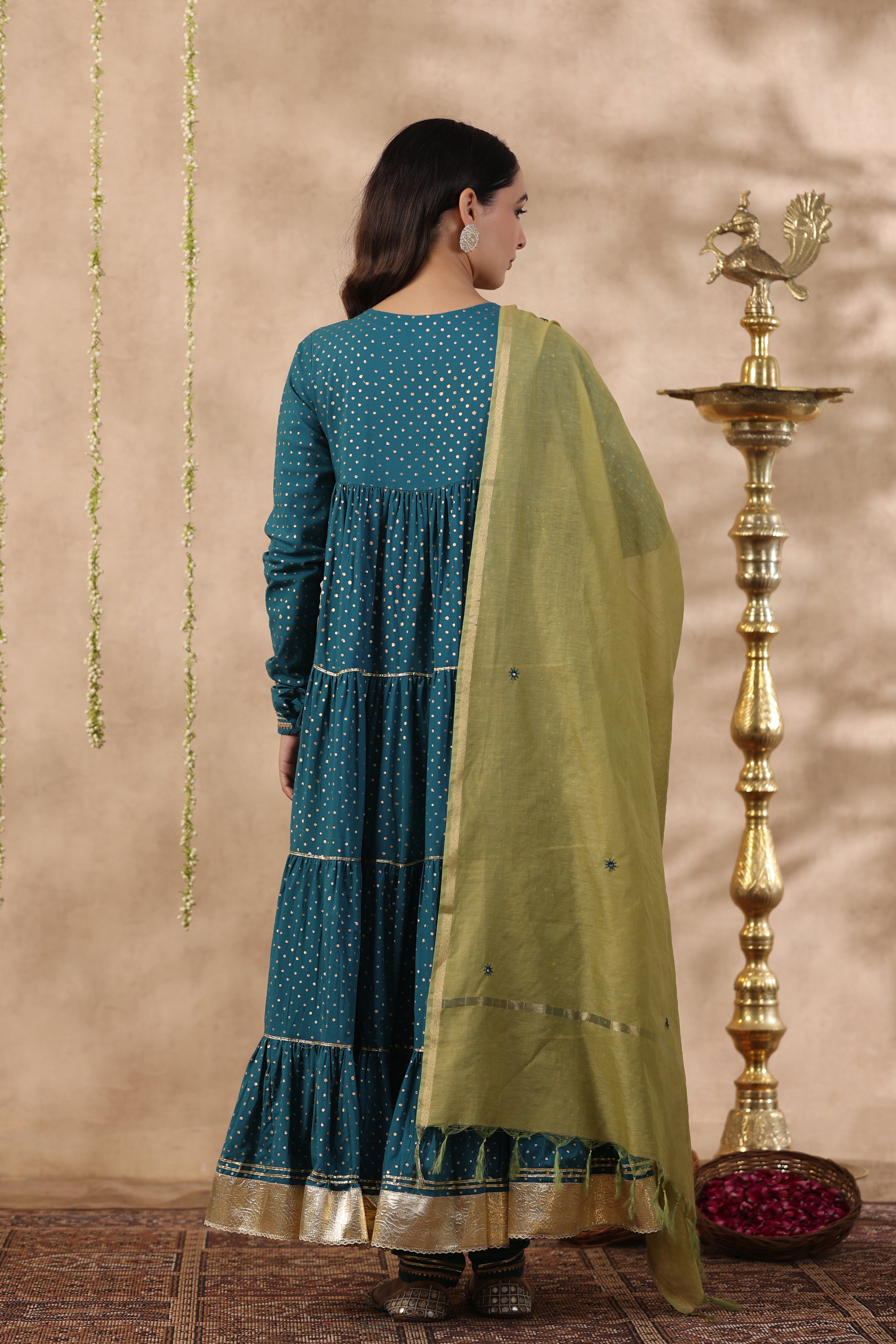Shuddhi Teal Green tier kurta with chuddidar and duppatta