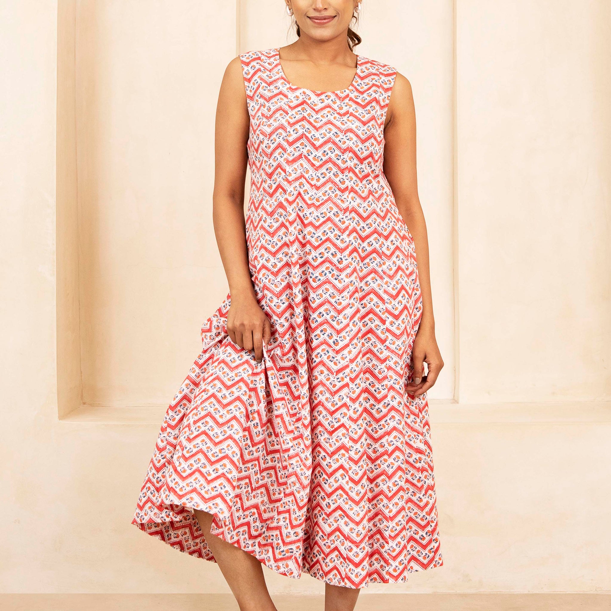 Zigzag Bloom Handblock A-Line Dress