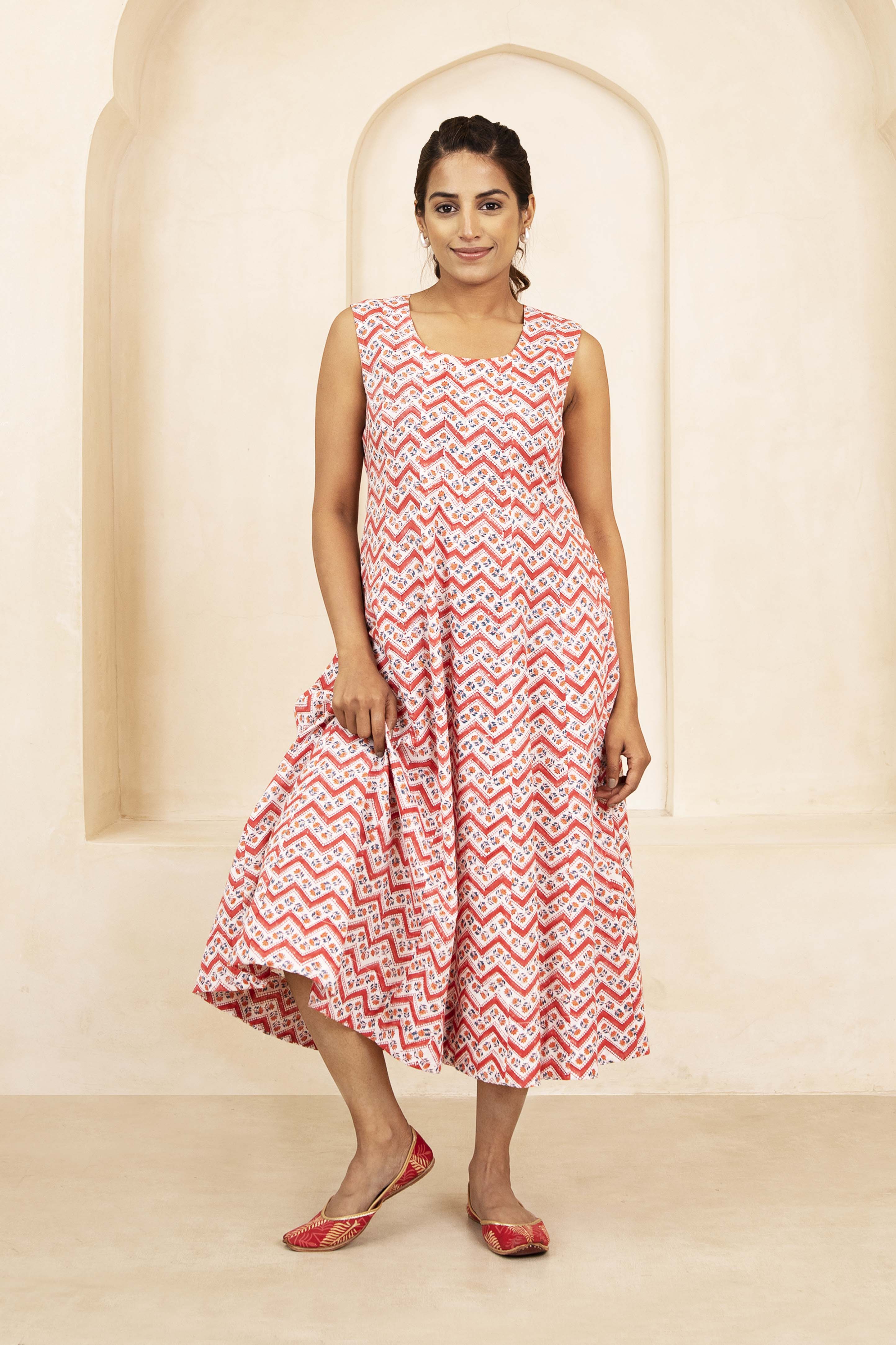 Zigzag Bloom Handblock A-Line Dress