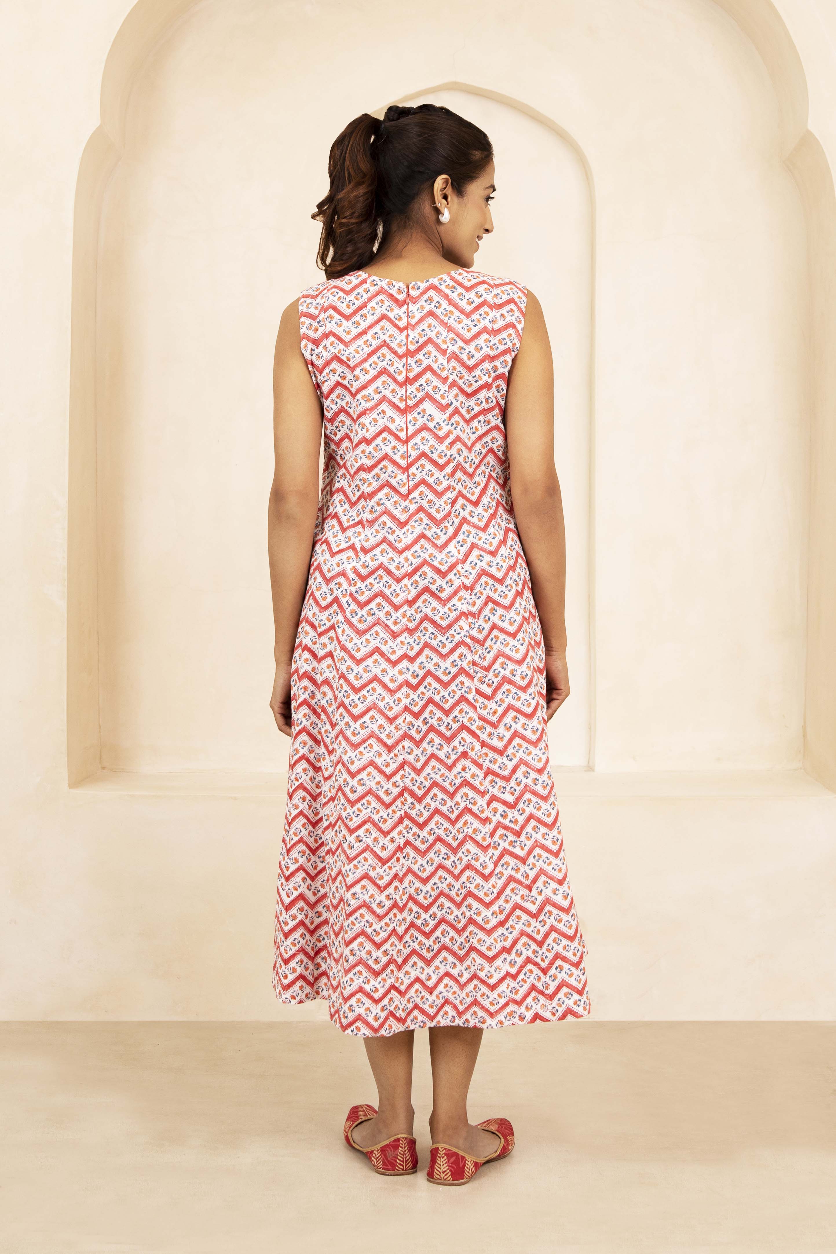 Zigzag Bloom Handblock A-Line Dress