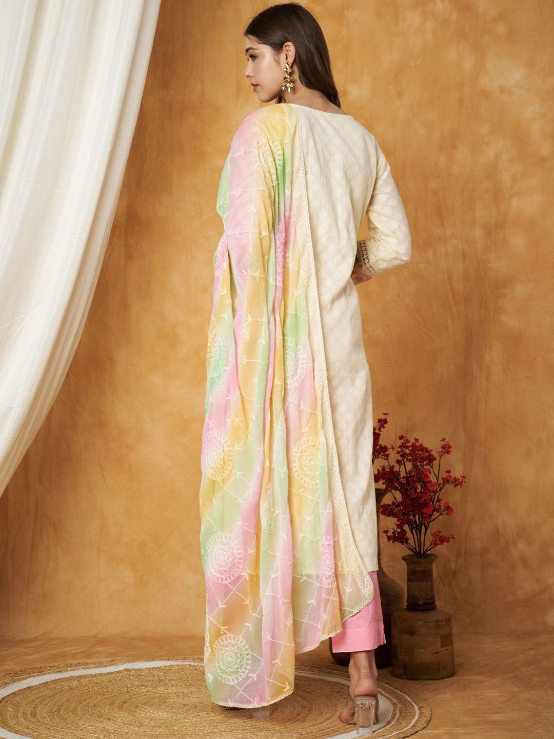 Label Khoj Women's Pink Cotton Jacquard Patch Work Kurta with Pant and Dupatta