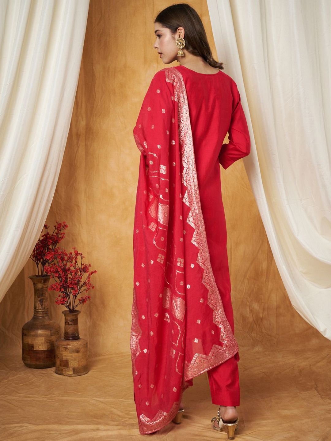 Label Khoj Women's Red Silk Blend Embroidery Kurta with Pant and Dupatta