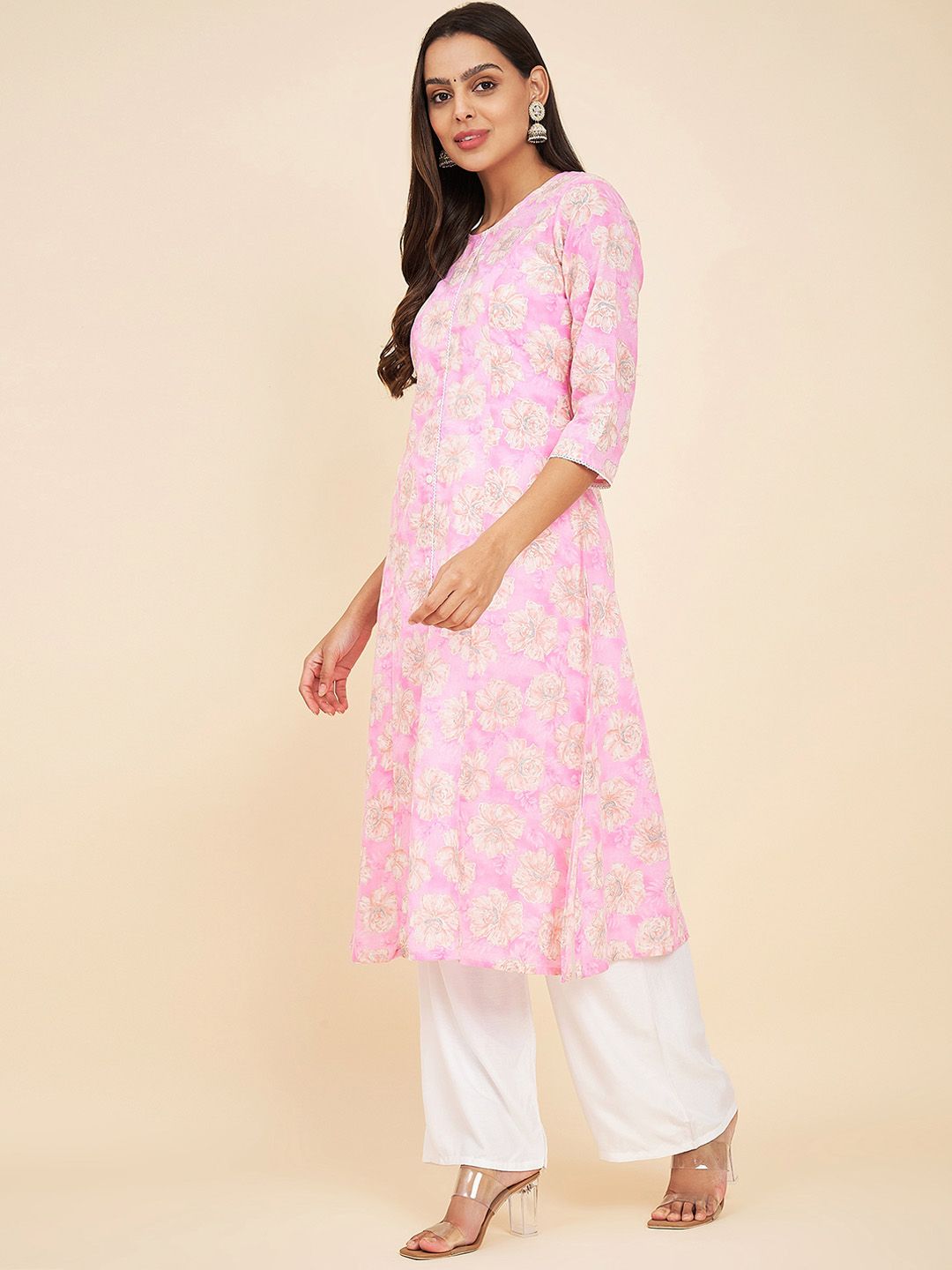 Label Khoj Women Cotton Pink Floral Kurta