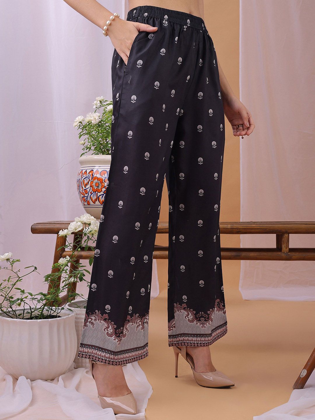 Label Khoj Women's Black Silk Blend Handwork Kurta with Pant and Black Dupatta