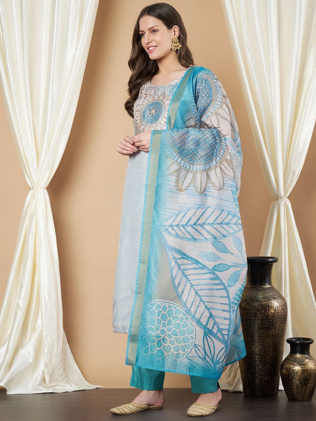 Label Khoj Women's Firoji Chanderi Embroidered Kurta with Pant and Firoji Dupatta