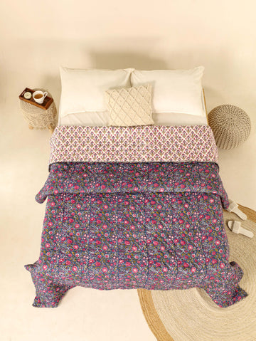 Purple and Pink Reversible Quilted Bed Razai