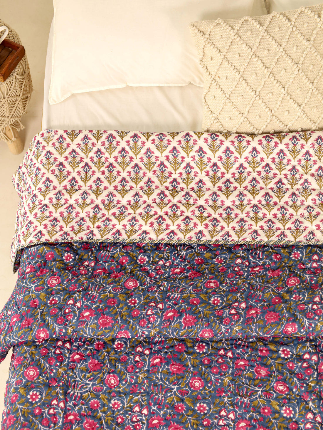 Purple and Pink Reversible Quilted Bed Razai