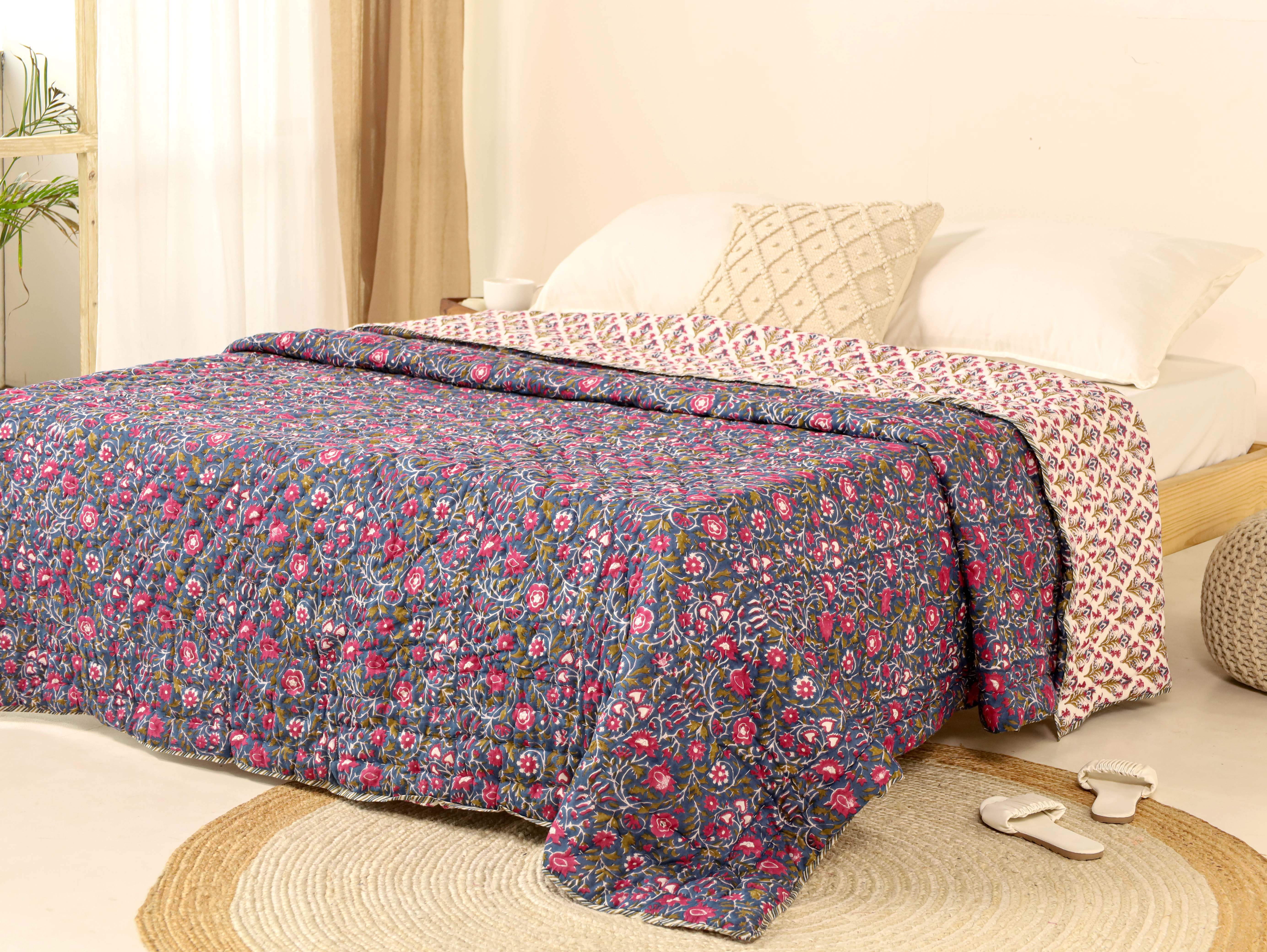 Purple and Pink Reversible Quilted Bed Razai
