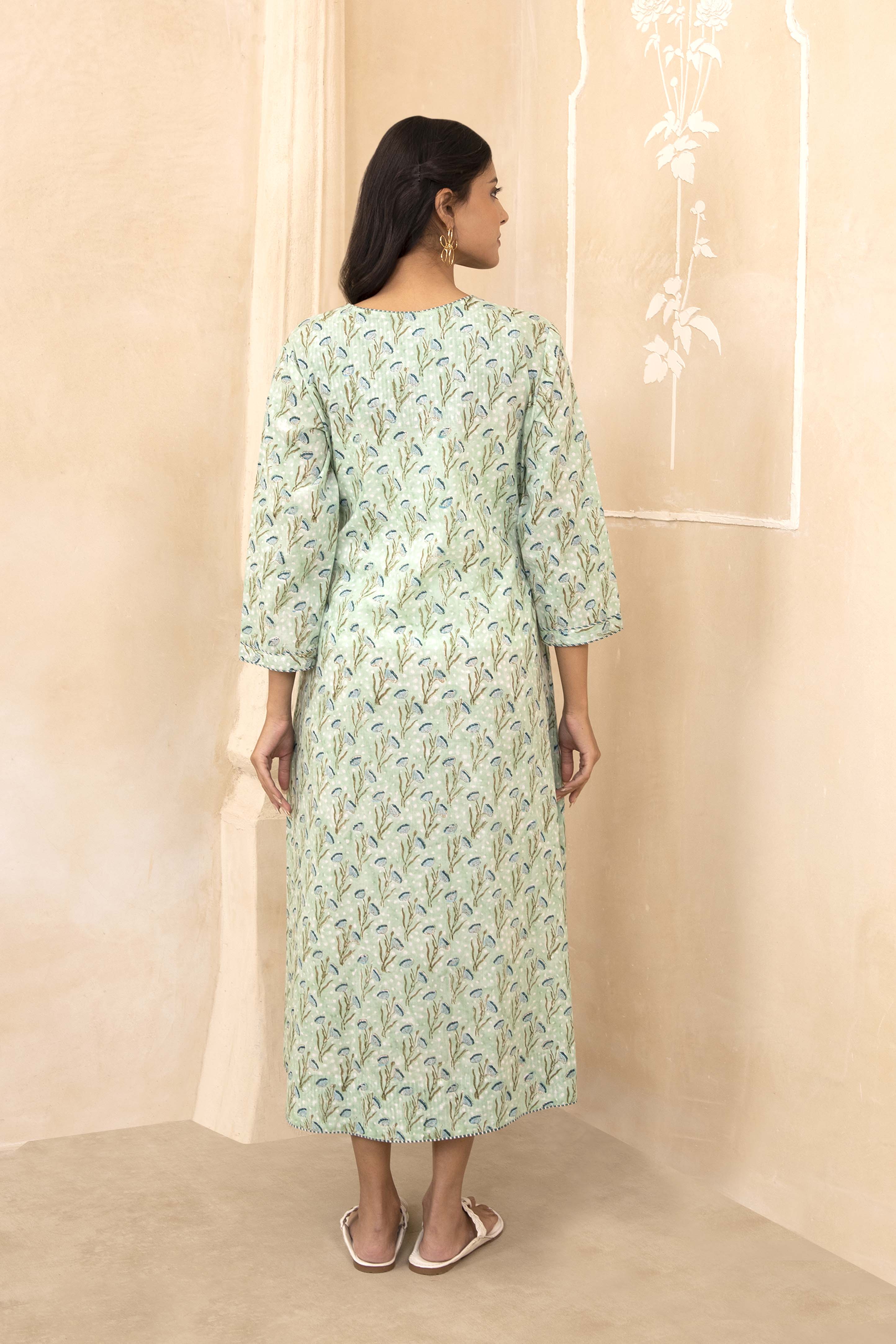 Mint Green Handblock Pleated Dress