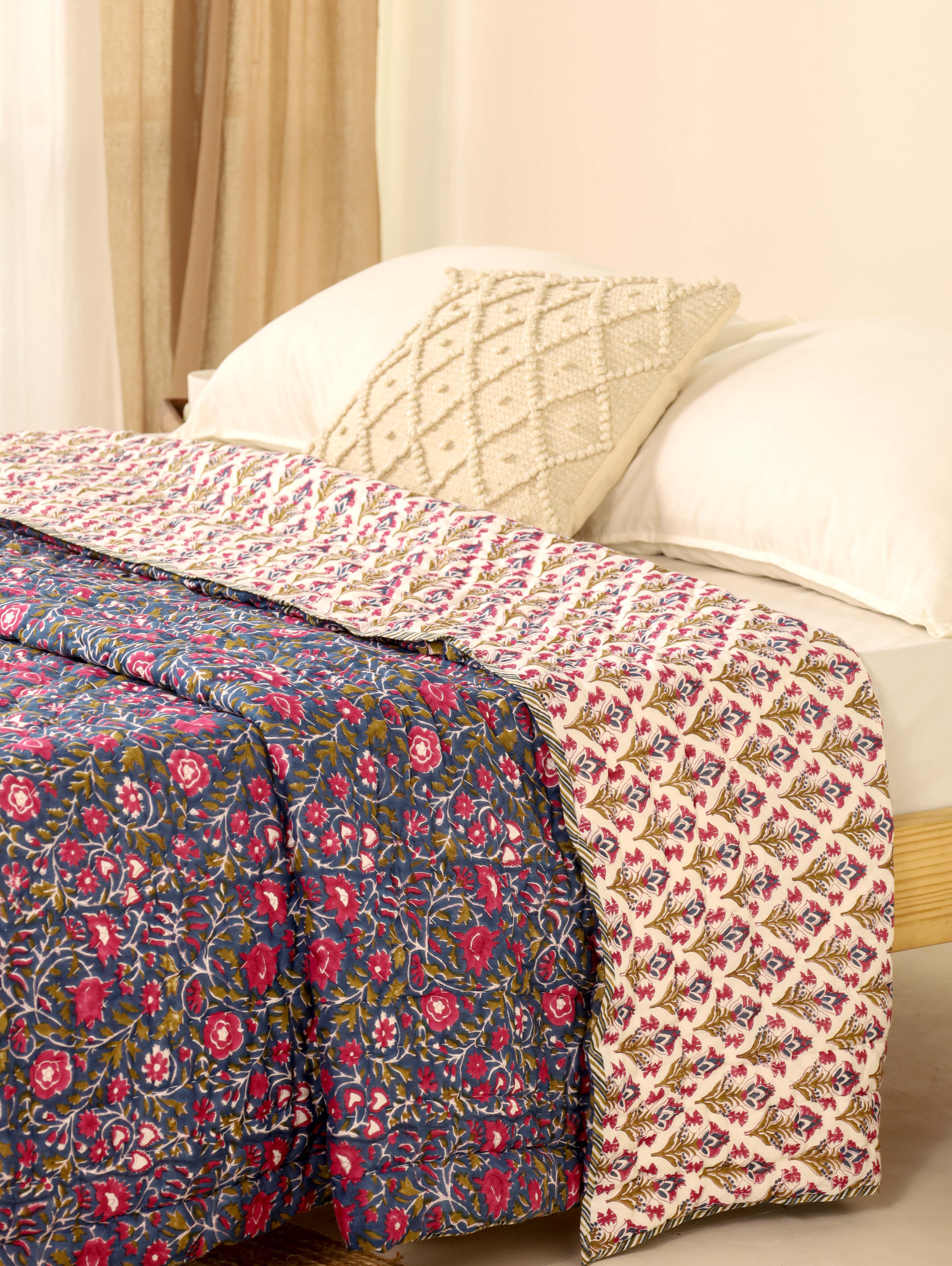 Purple and Pink Reversible Quilted Bed Razai