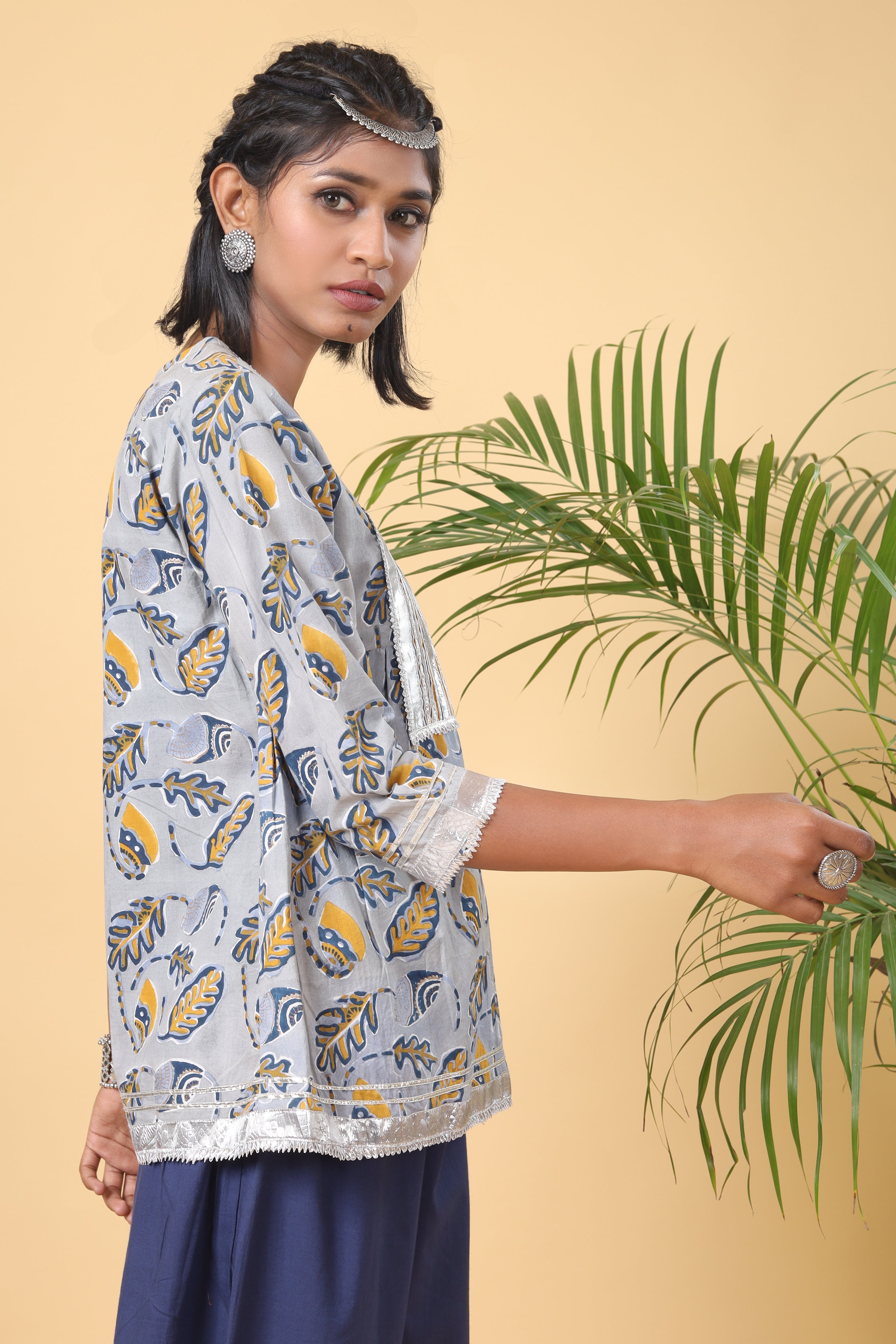 Water Chestnut White Venation Pattern Hand Block Printed Tier Top