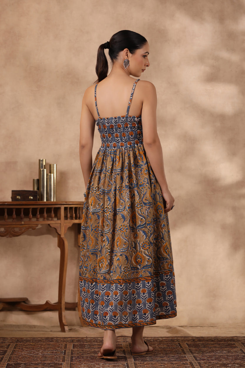Shuddhi BlUE and Brown Spaghetti Dress