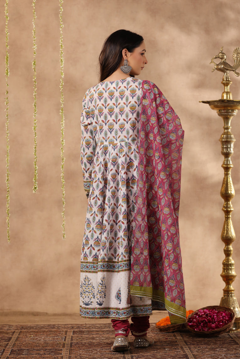Shuddhi White and Teal aNarkali Kurta with Chanderi Duppata