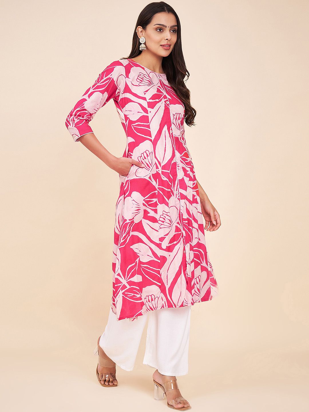 Label Khoj Women Cotton Pink Floral Kurta