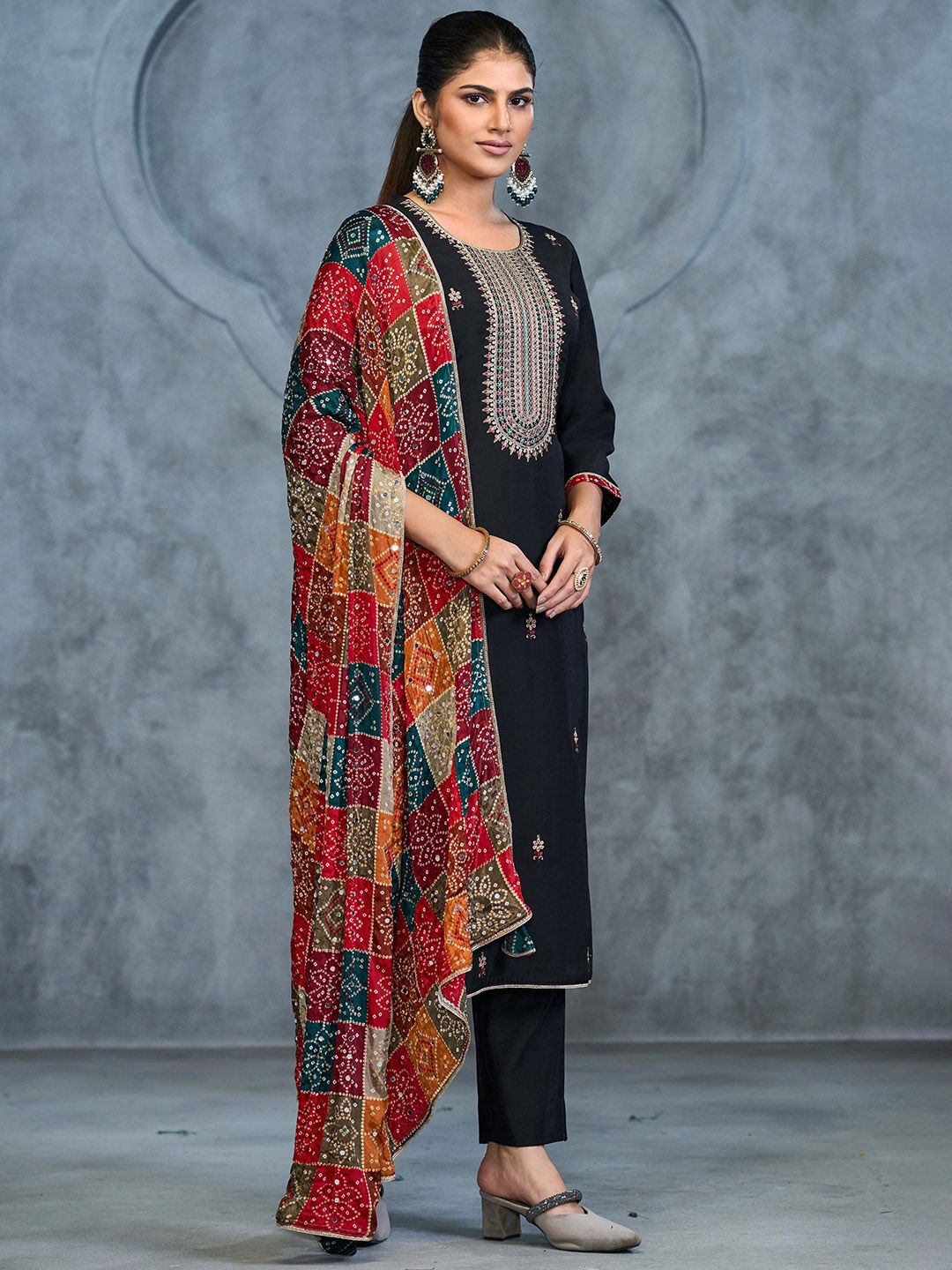 Label khoj Silk top with heavy embroidery and Pure cotton lining kurta setBLACK Color