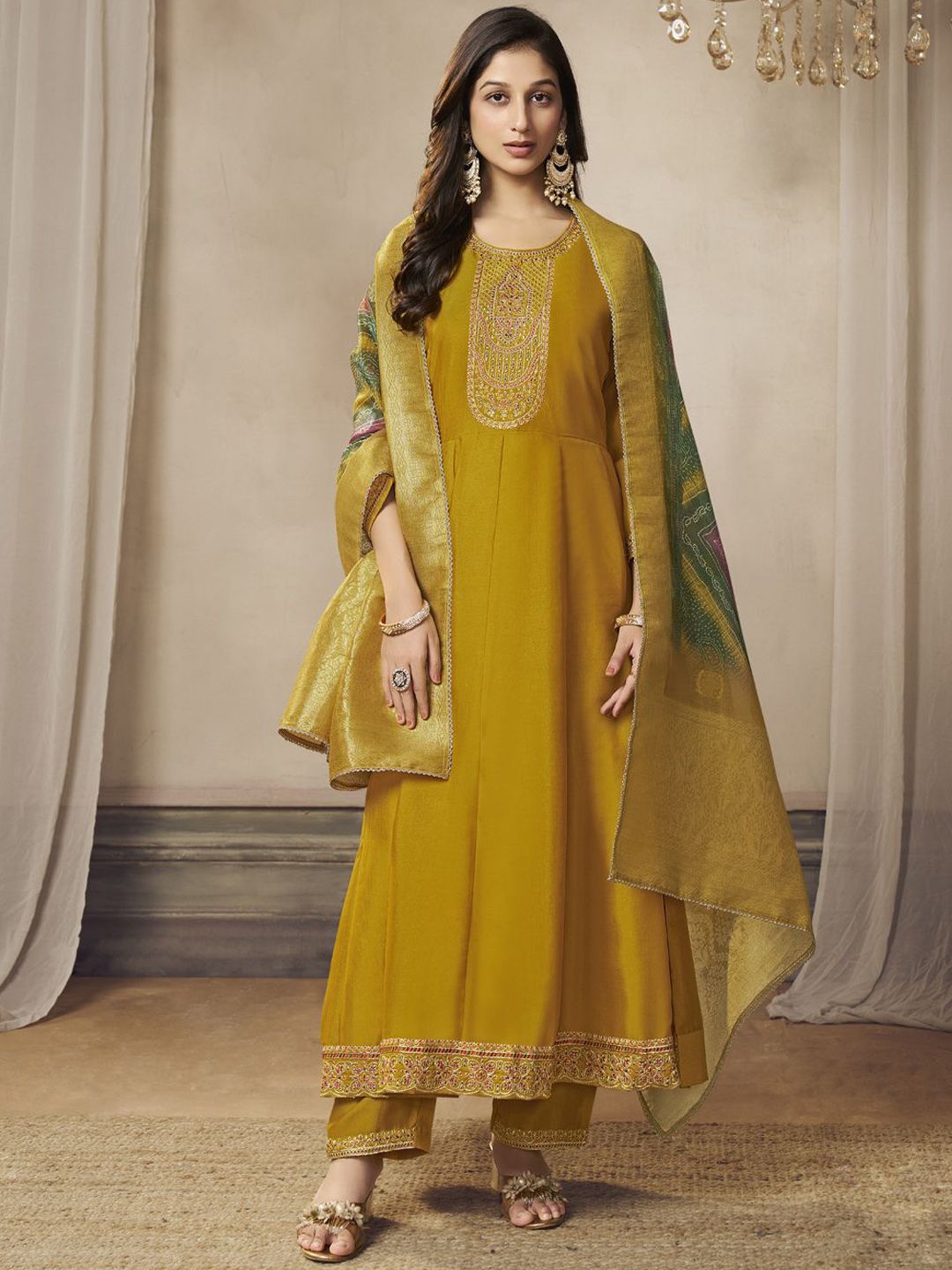 Label khoj Beautiful Anarkali kurta With Pant and Dupatta Set mustard  Color