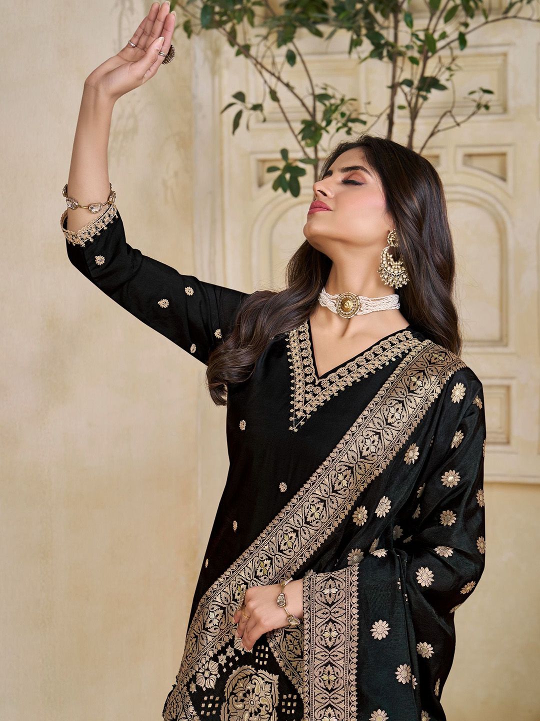 Label Khoj Women Roman Silk Embroidery  Work Black Color Kurta & Bottom With Dupatta  Set