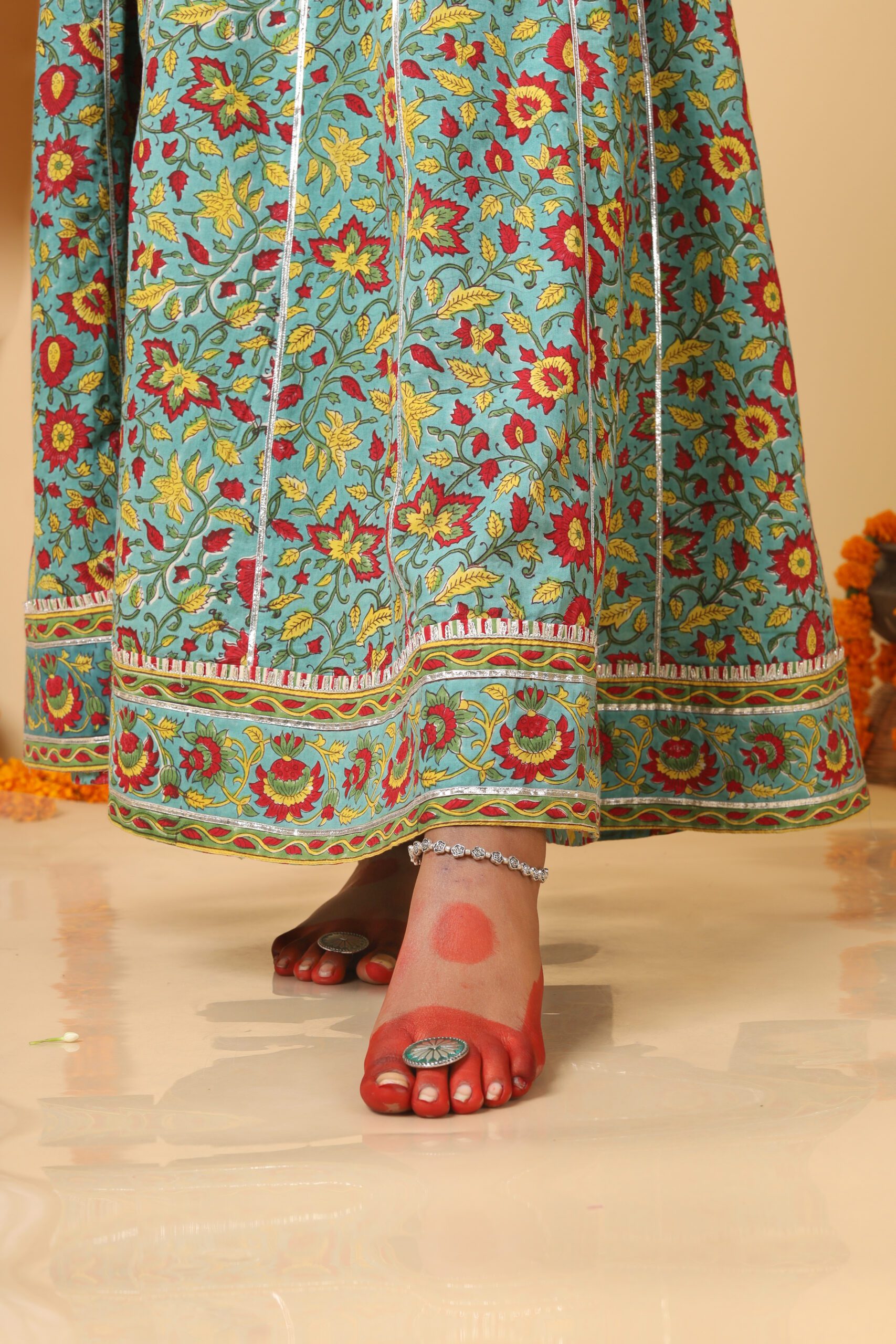 Sea Green and red handblock printed skirt, kurta and Duppatta set