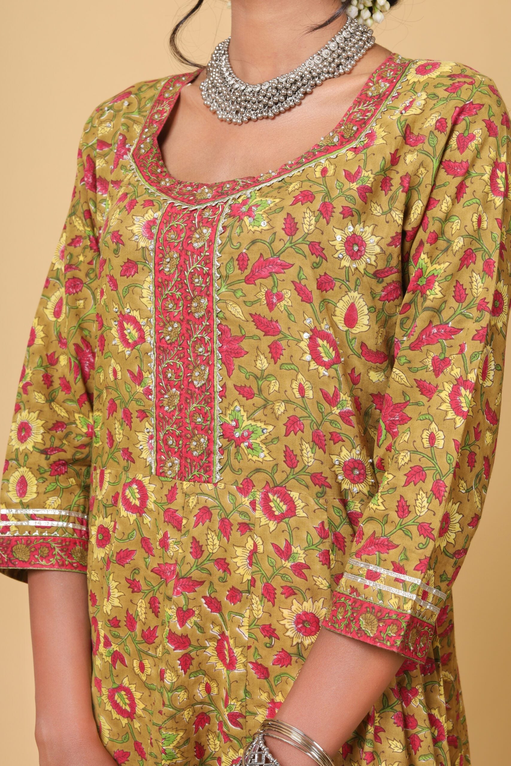 Mustard and Yellow Handblock Printed Anarkali With Bhandej Duppatta
