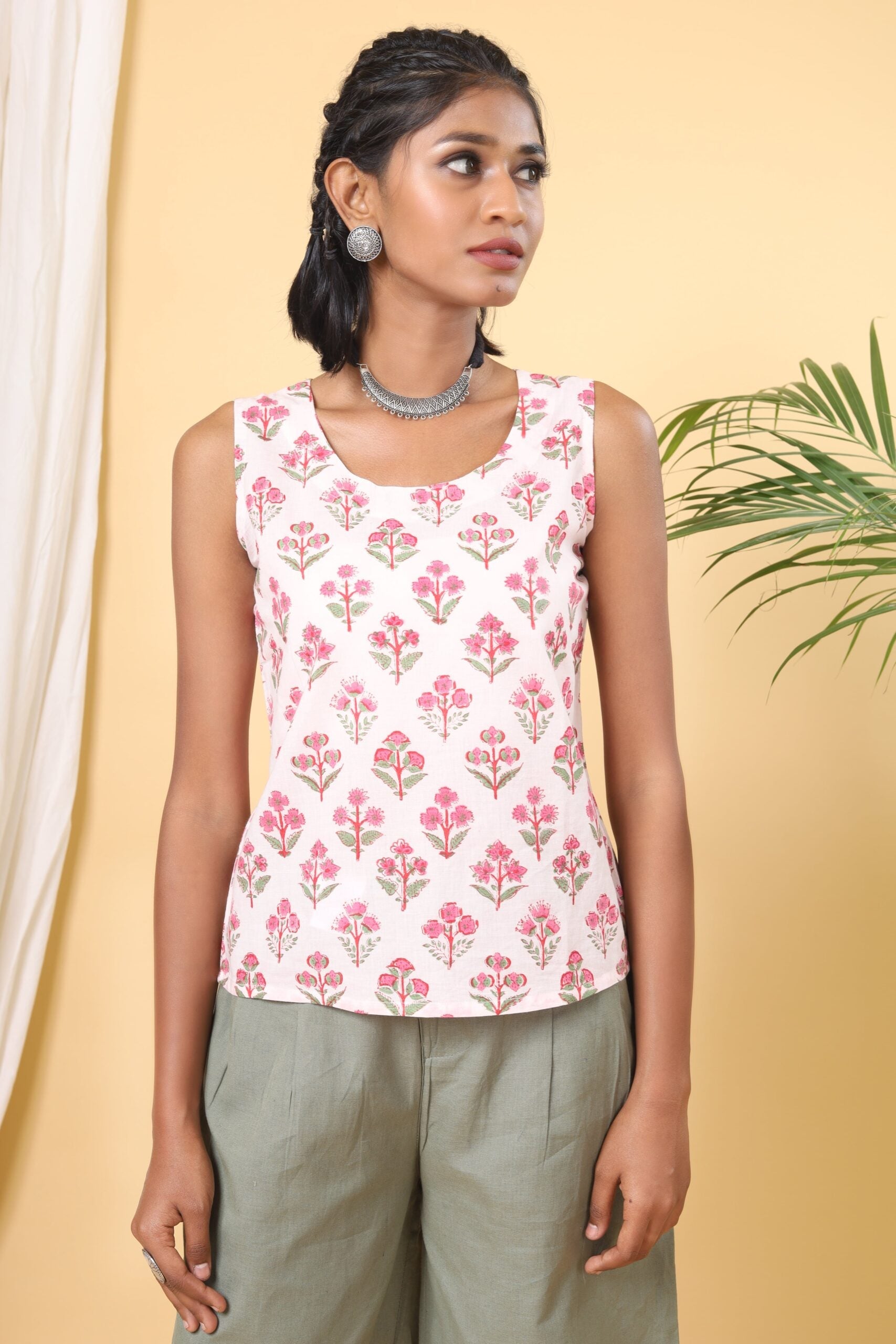 Flamingo Pink Handblock Printed Floral Double Top