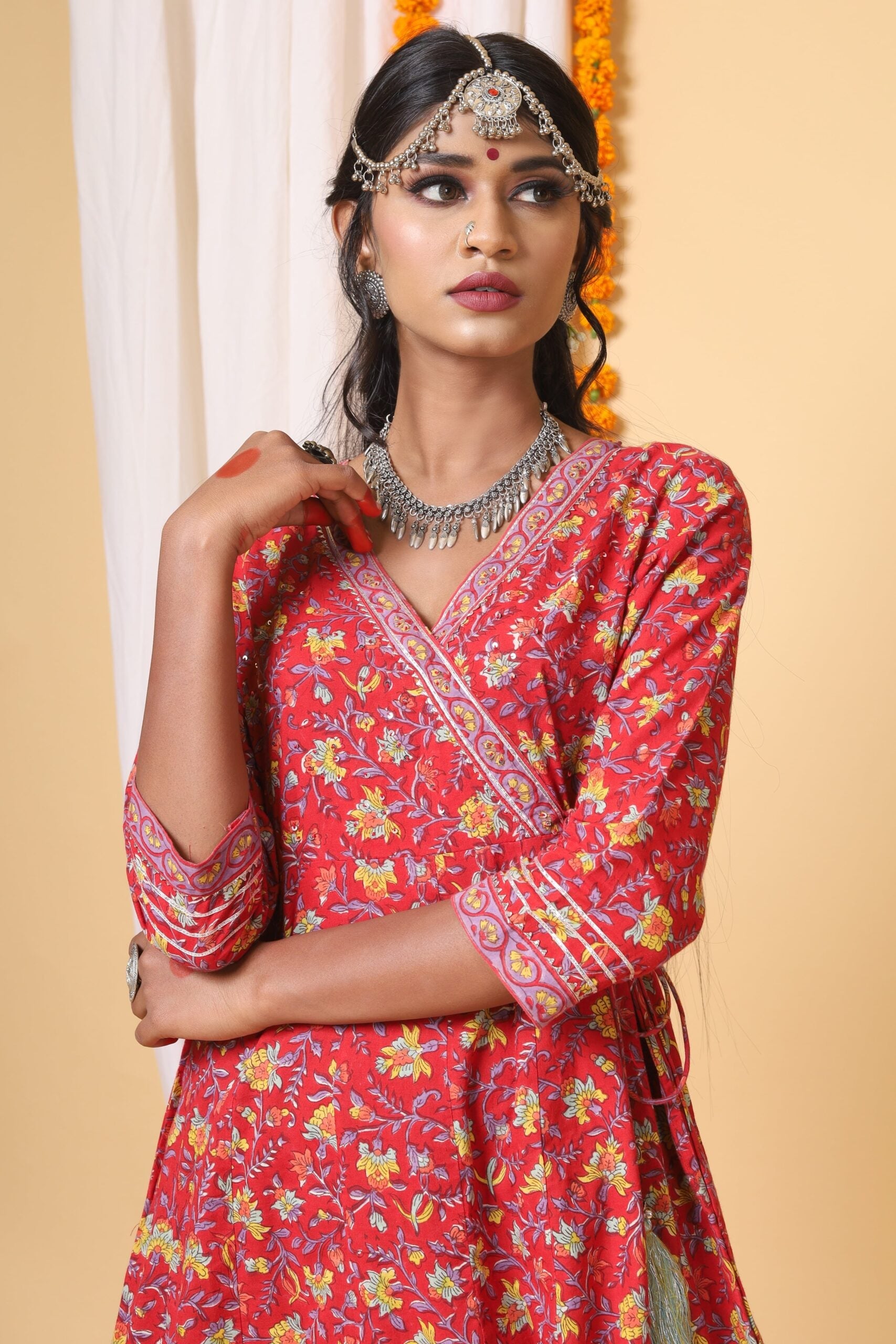 Red and Yellow Handblock Printed Anarkali with Kota Duppatta