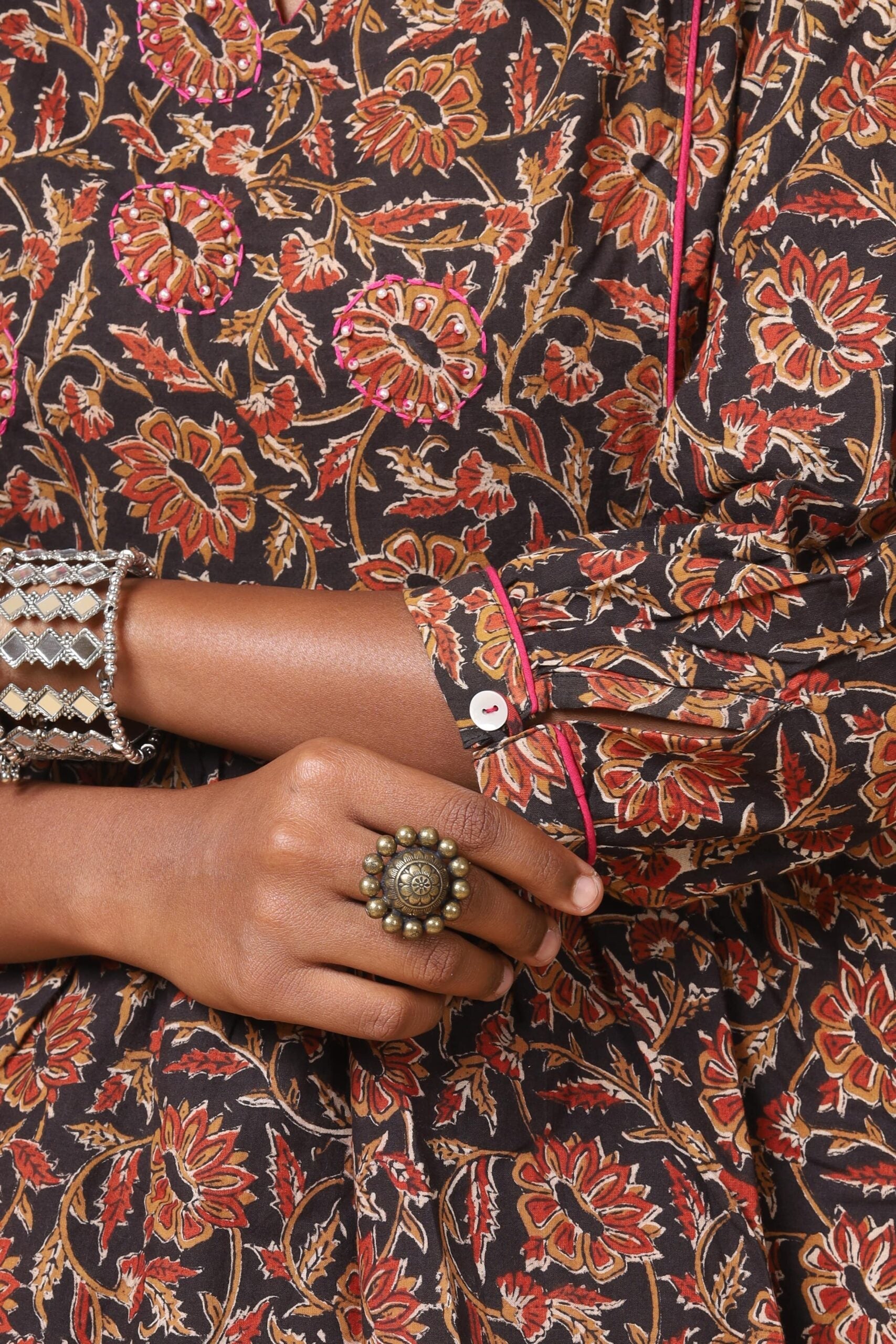 Black Floral Handblock Printed Short Top