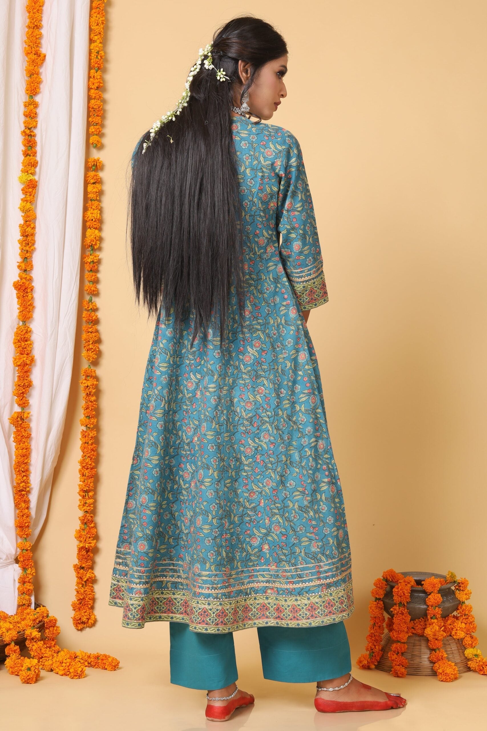 Teal Green and peach handblock printed anarkali with Chiffon Duppatta