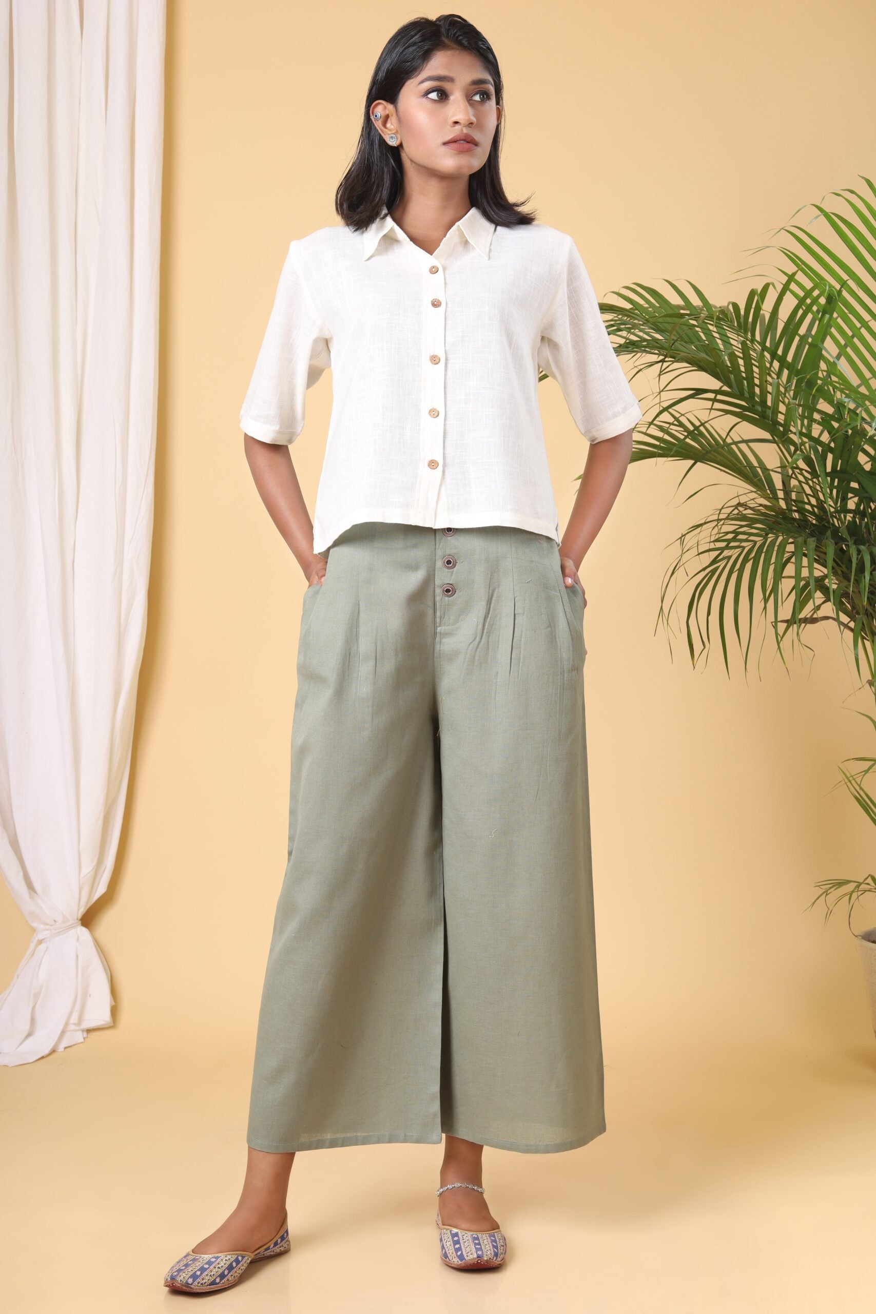 Laurel Green Cotton Casual Pants
