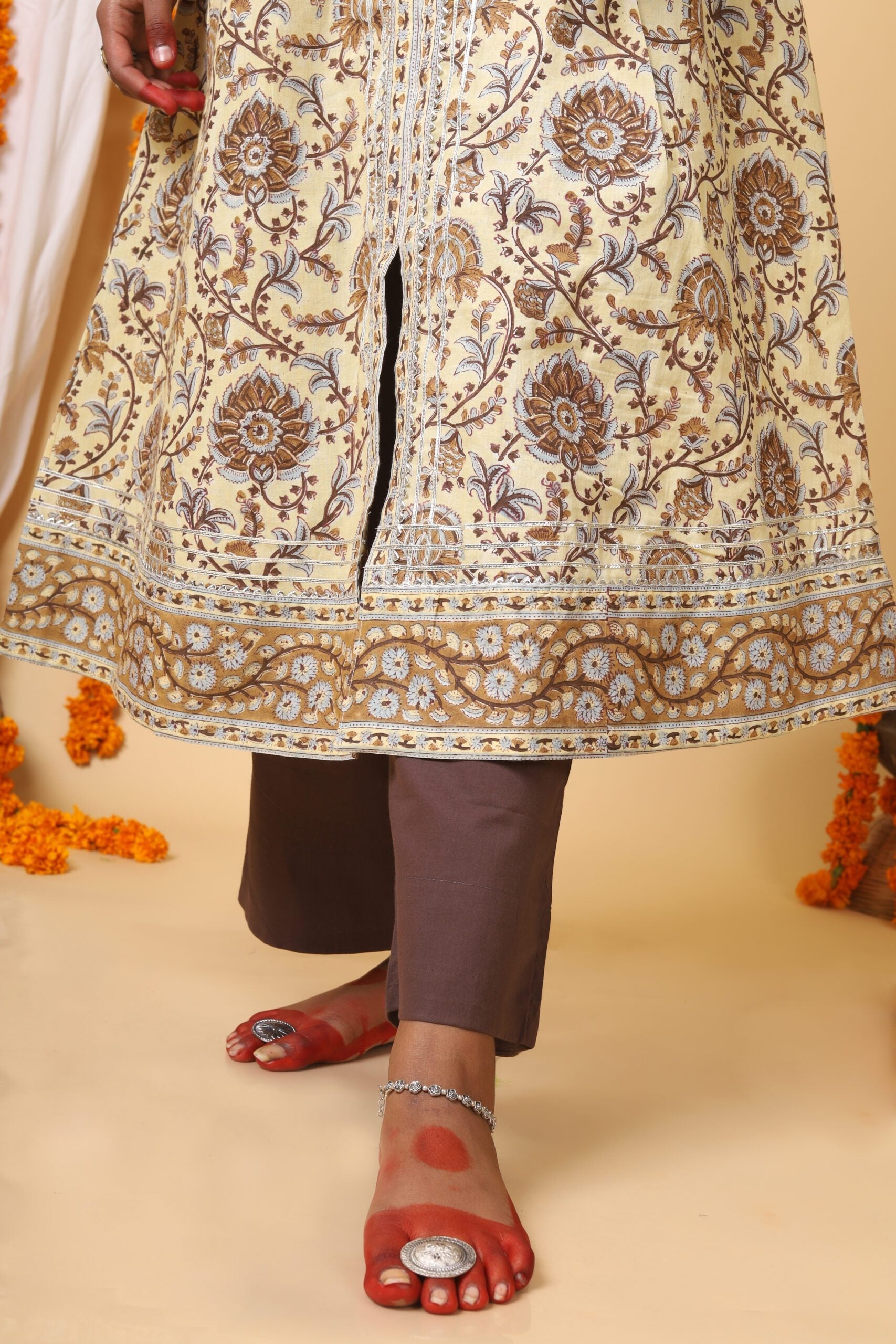 Beige and Brown Aline Handblock printed Kurta