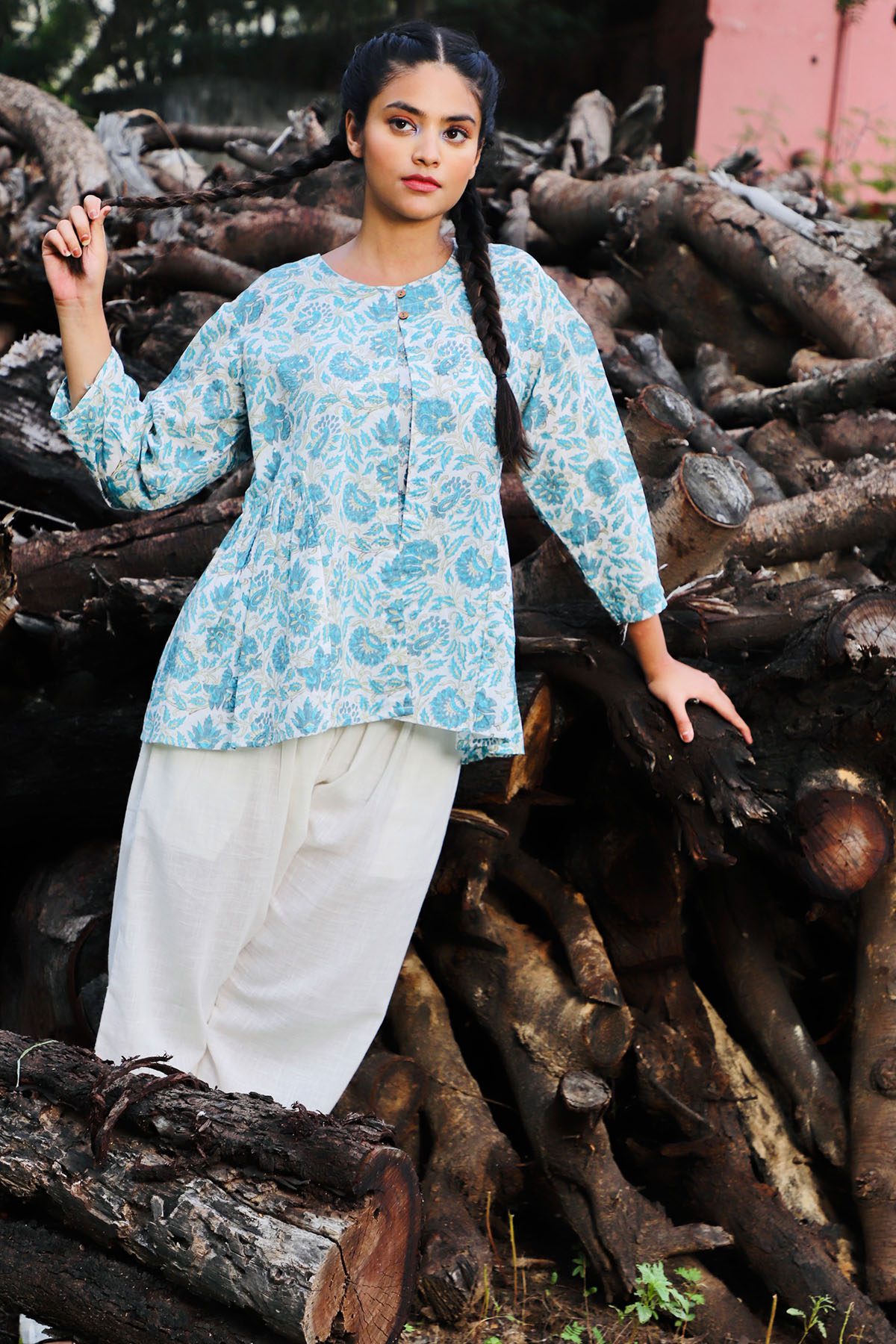 Off white and sea green handblock printed double top.