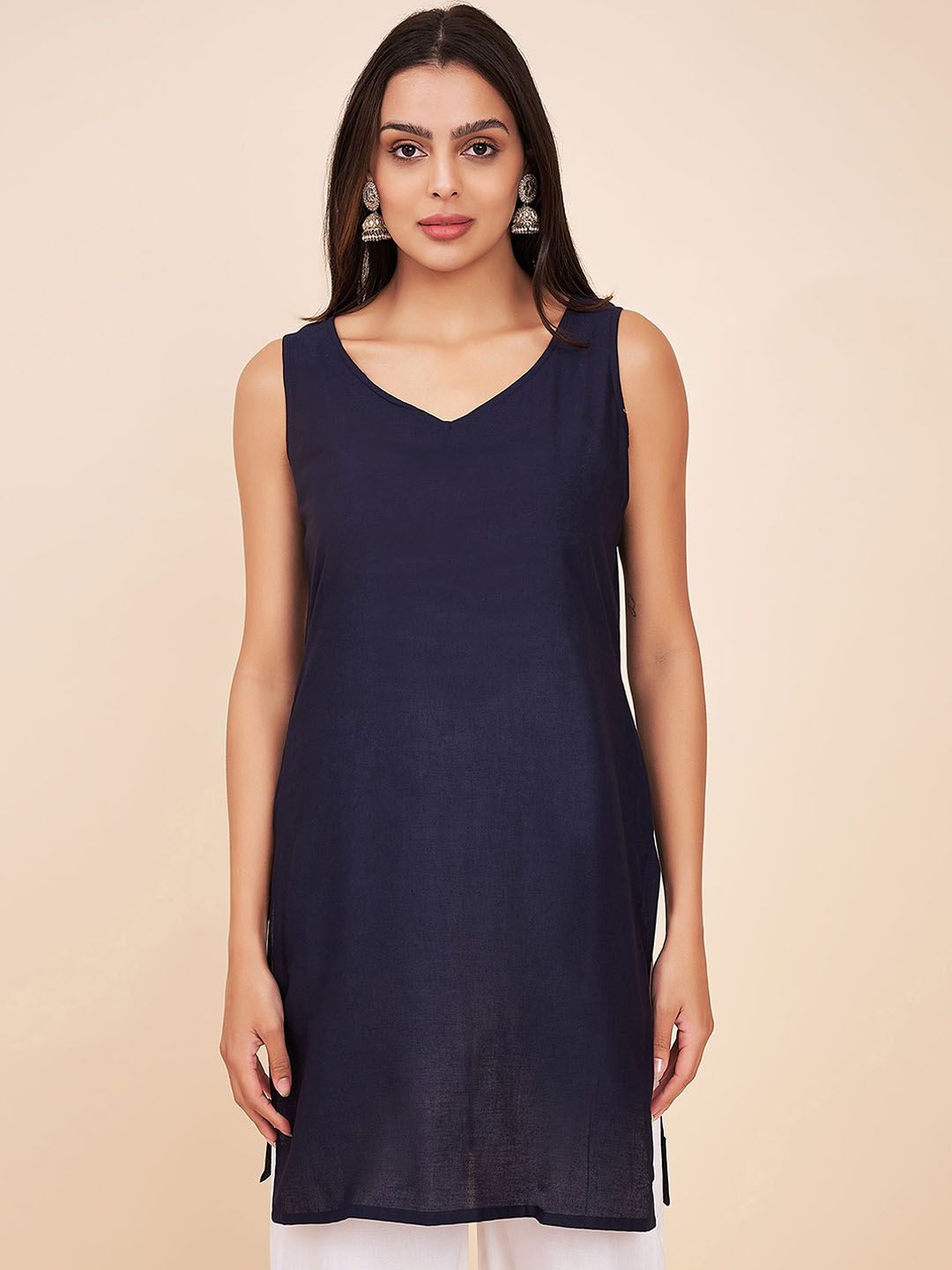 Label Khoj Women Navy Floral Cotton Kurta
