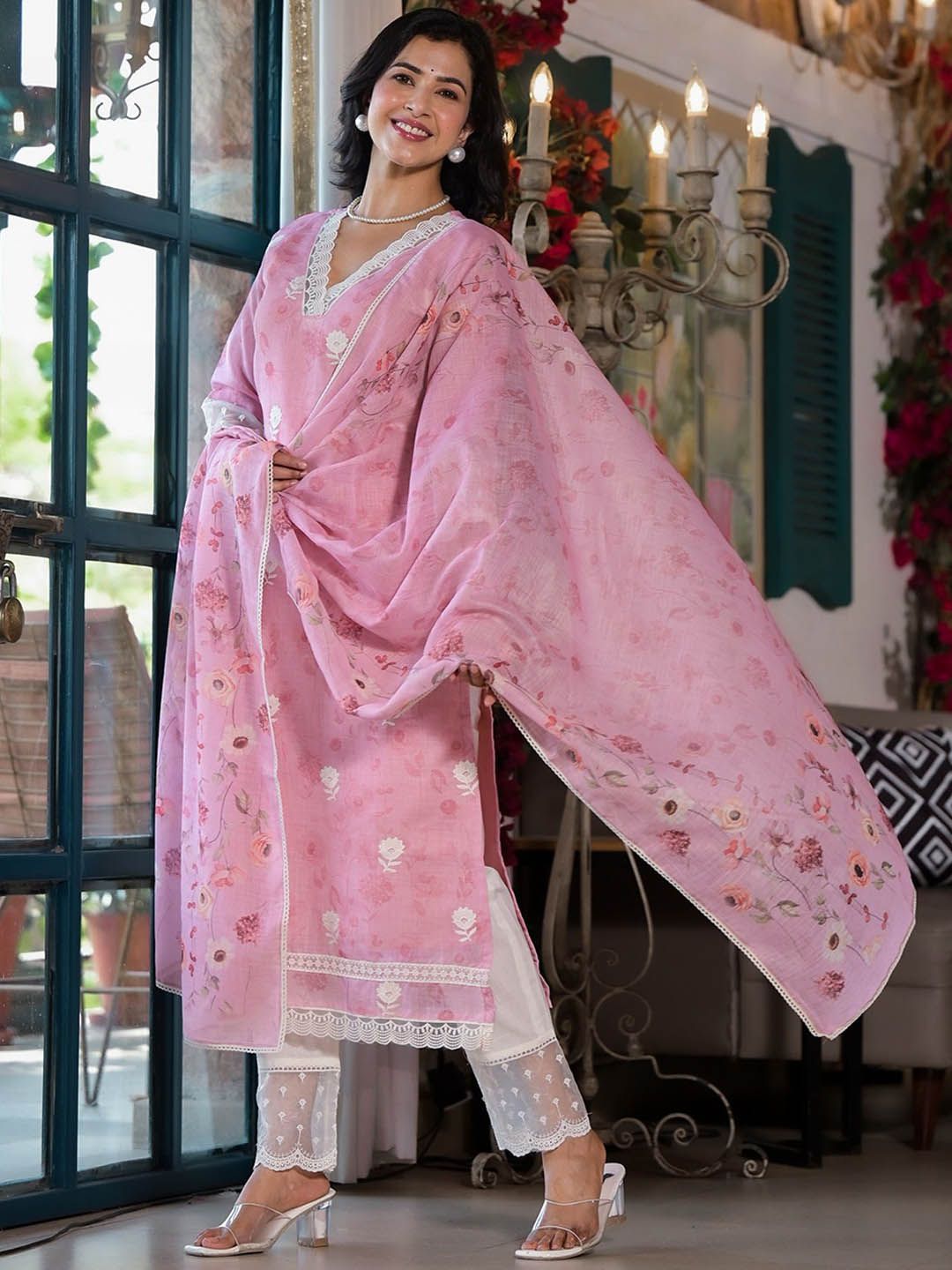 Label Khoj Women Lilen Digital print kurta, trouser and dupptta set