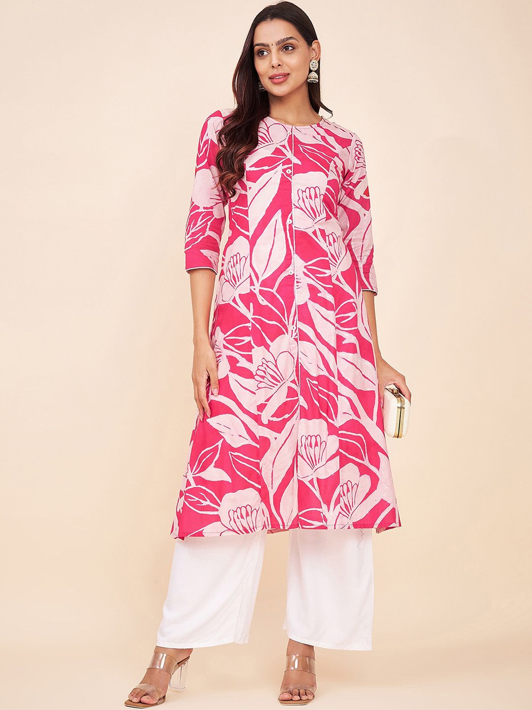 Label Khoj Women Cotton Pink Floral Kurta