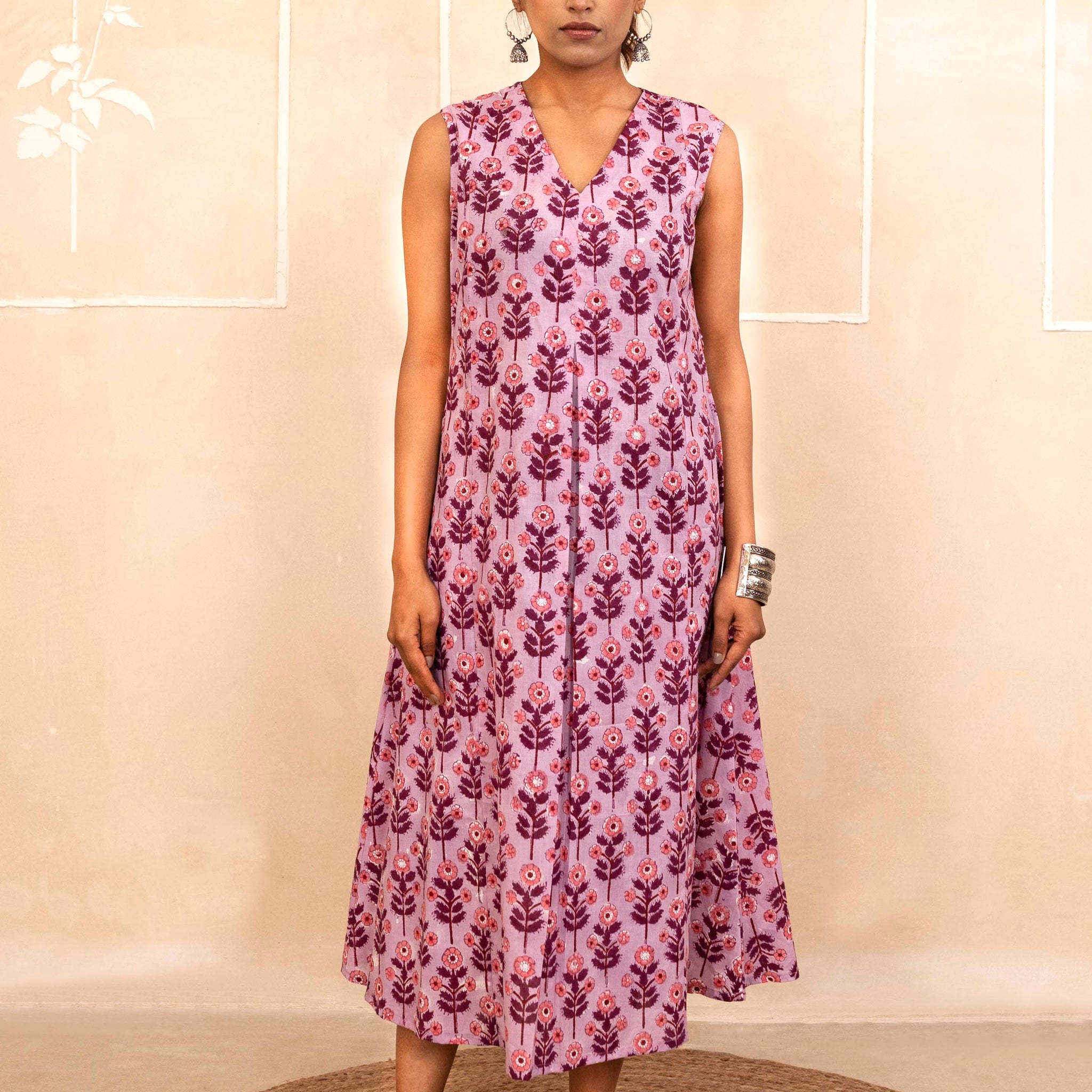 Lilac Bloom Handblock A-Line Dress