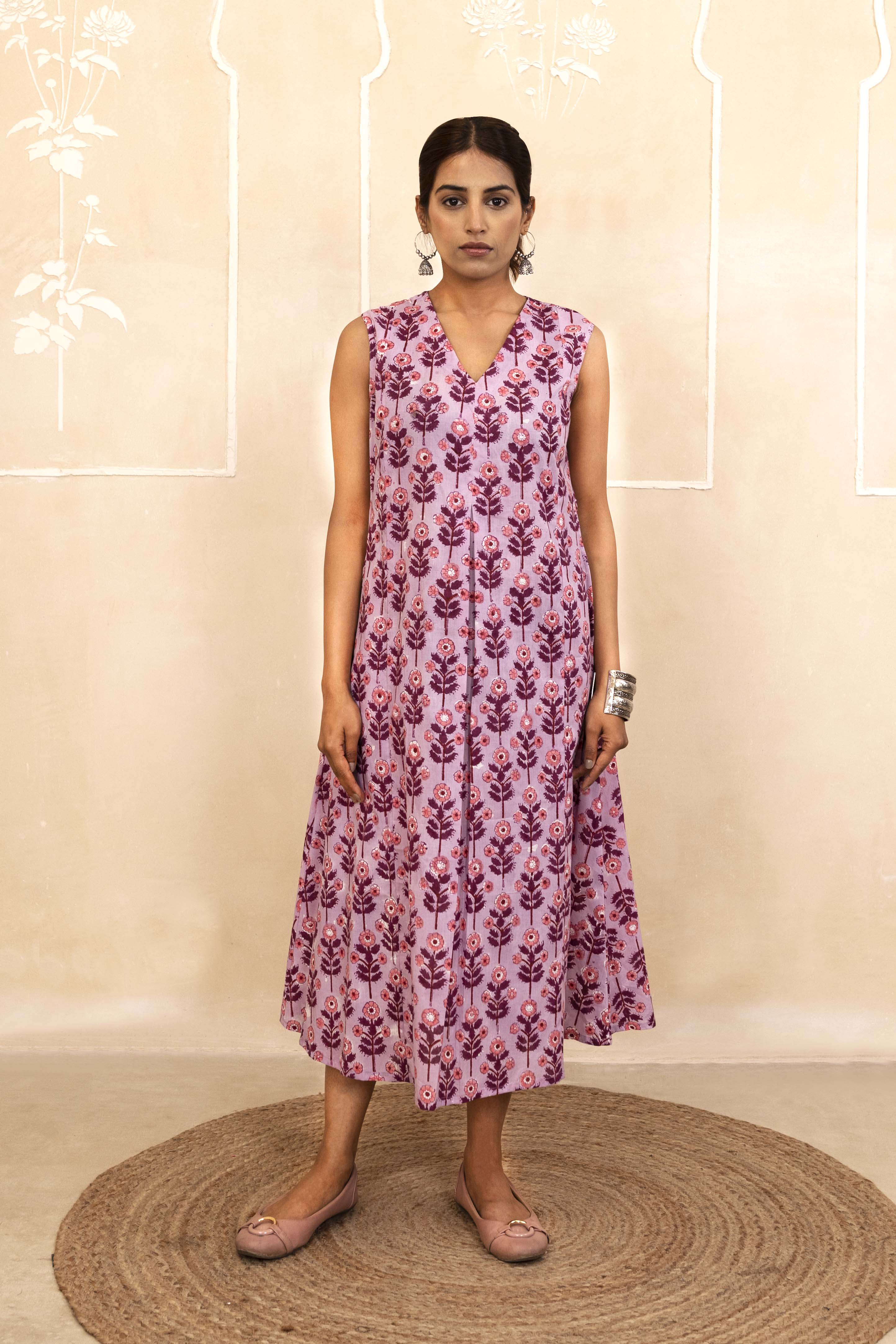 Lilac Bloom Handblock A-Line Dress