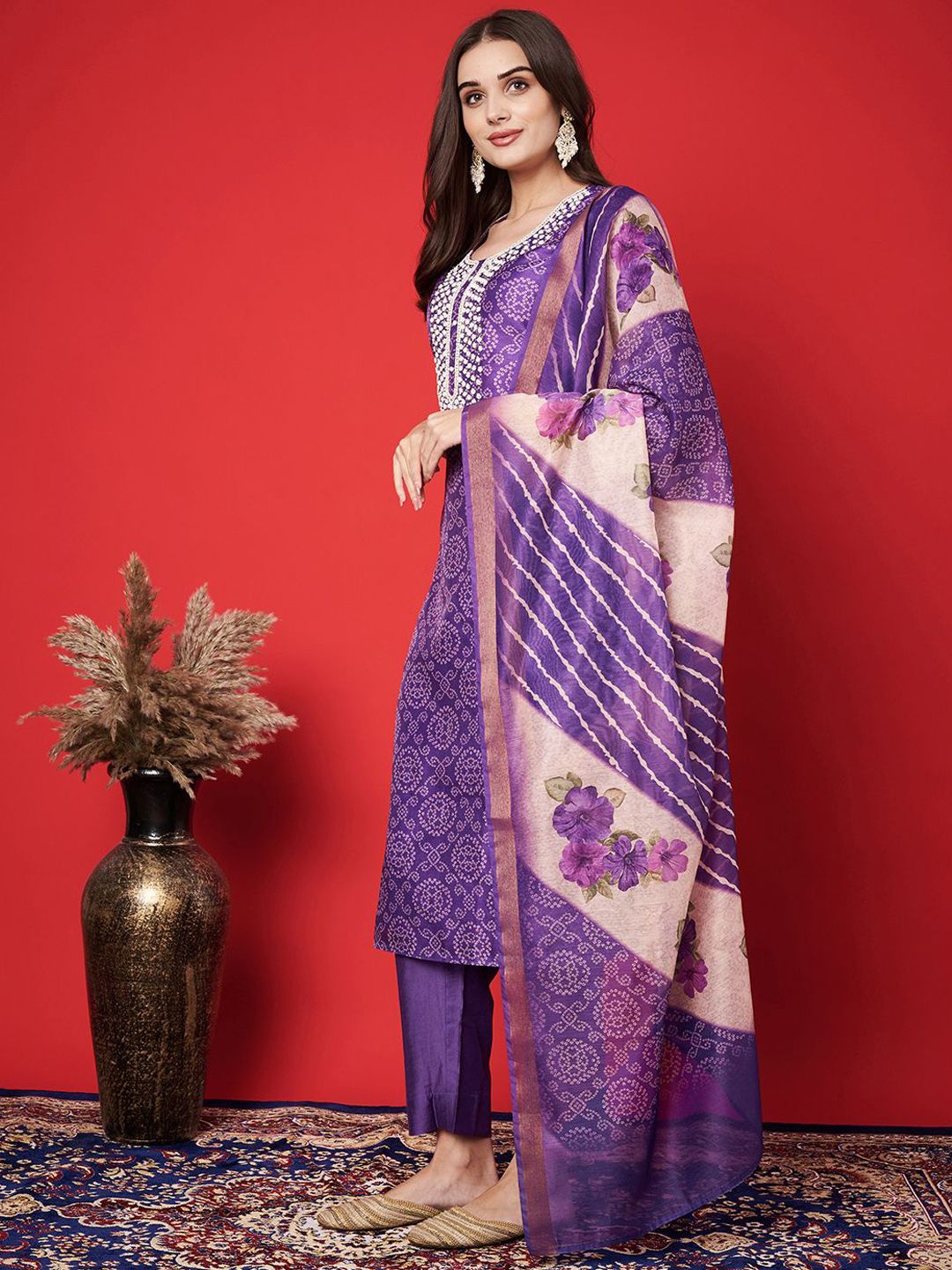 Label khoj chanderi kurta with bottom and dupptta setPurple  Color