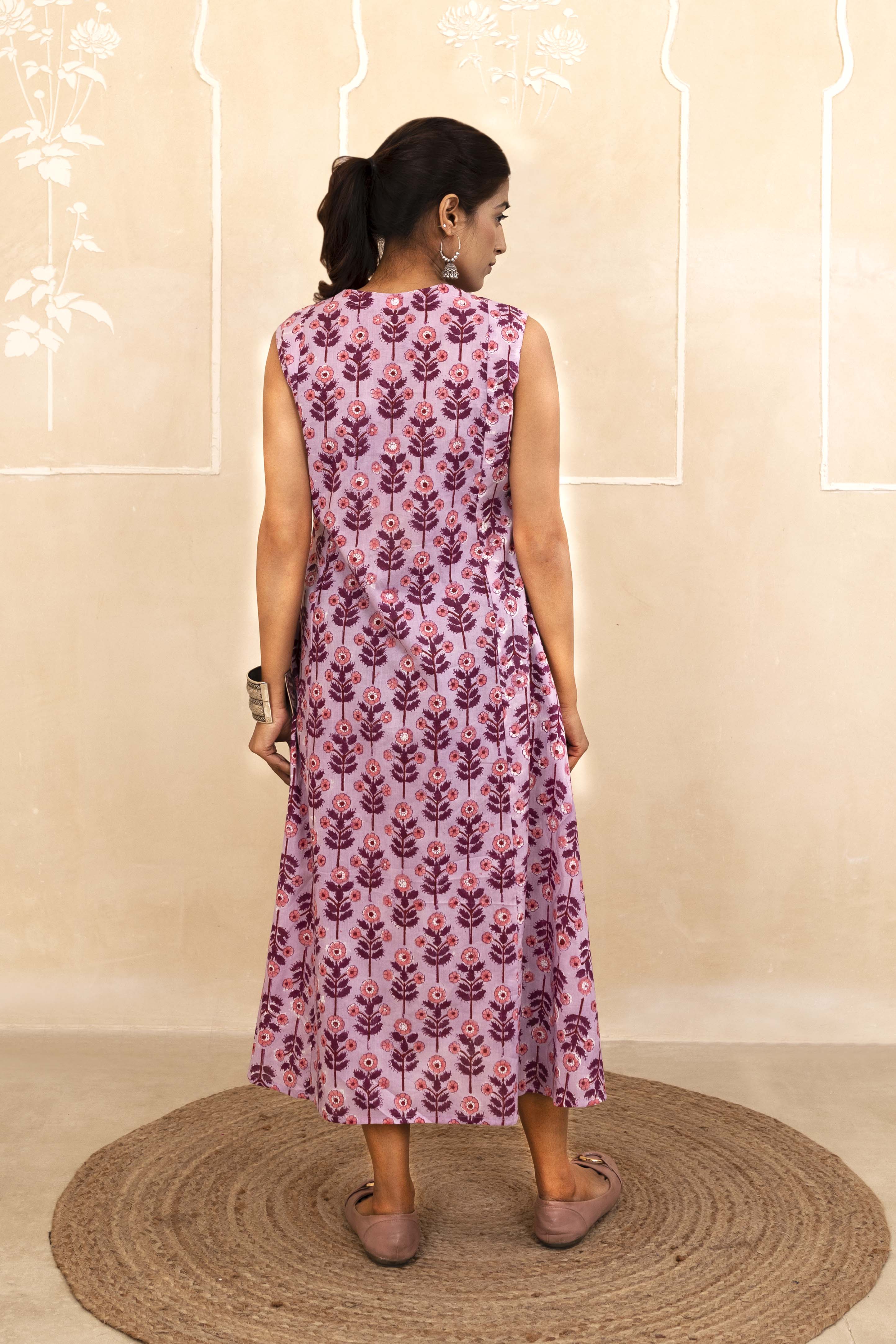Lilac Bloom Handblock A-Line Dress