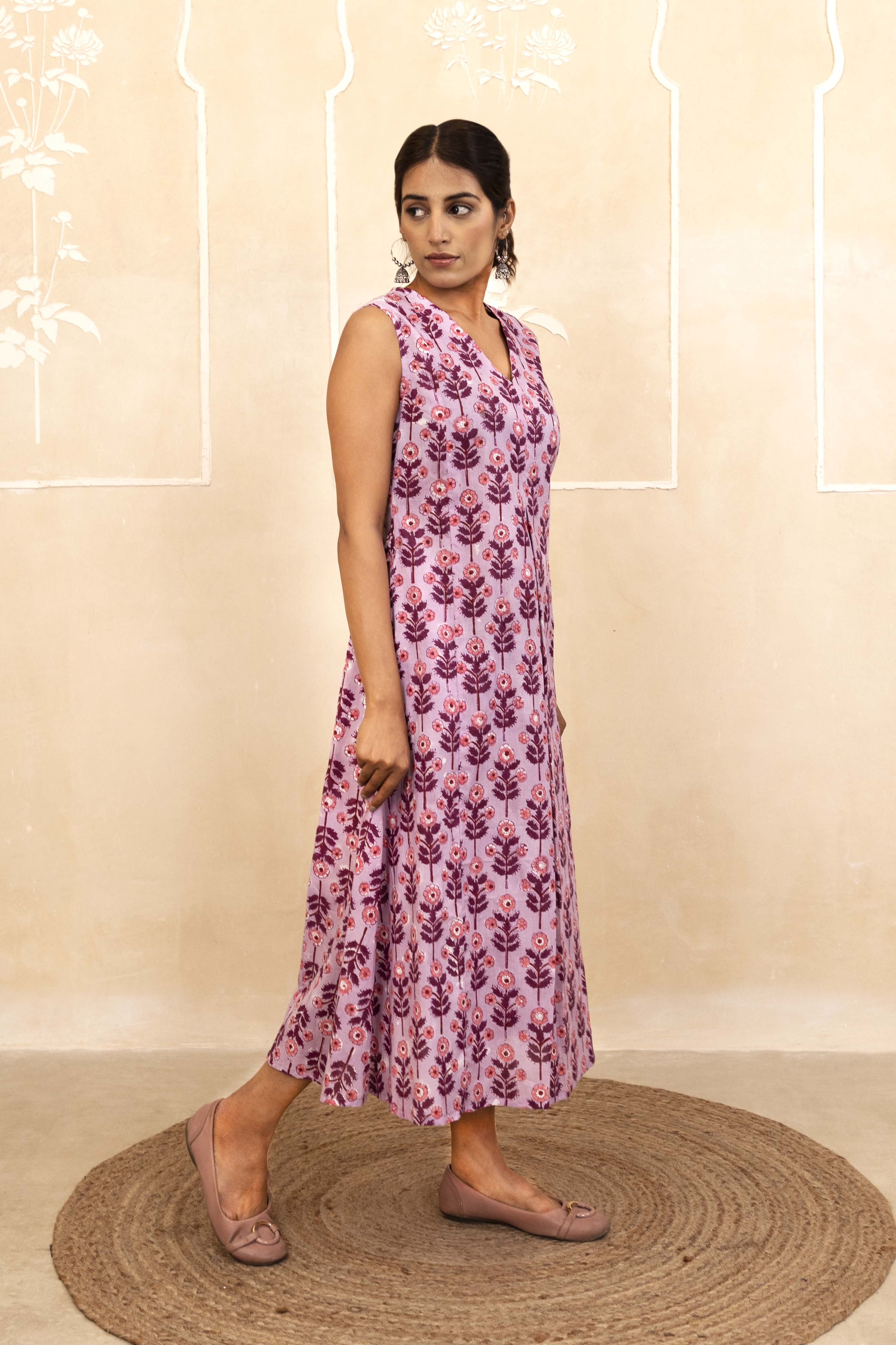 Lilac Bloom Handblock A-Line Dress