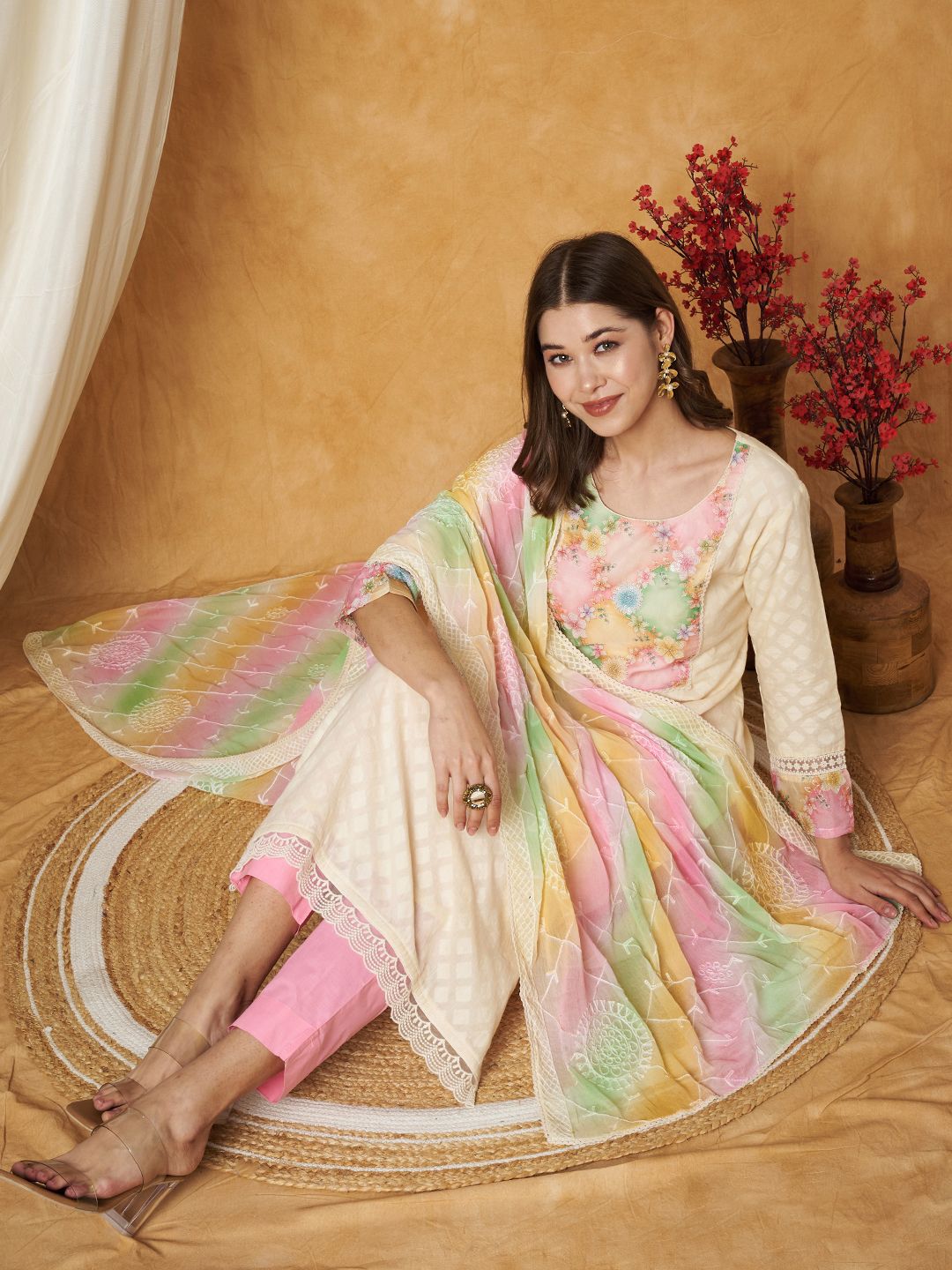 Label Khoj Women's Pink Cotton Jacquard Patch Work Kurta with Pant and Dupatta