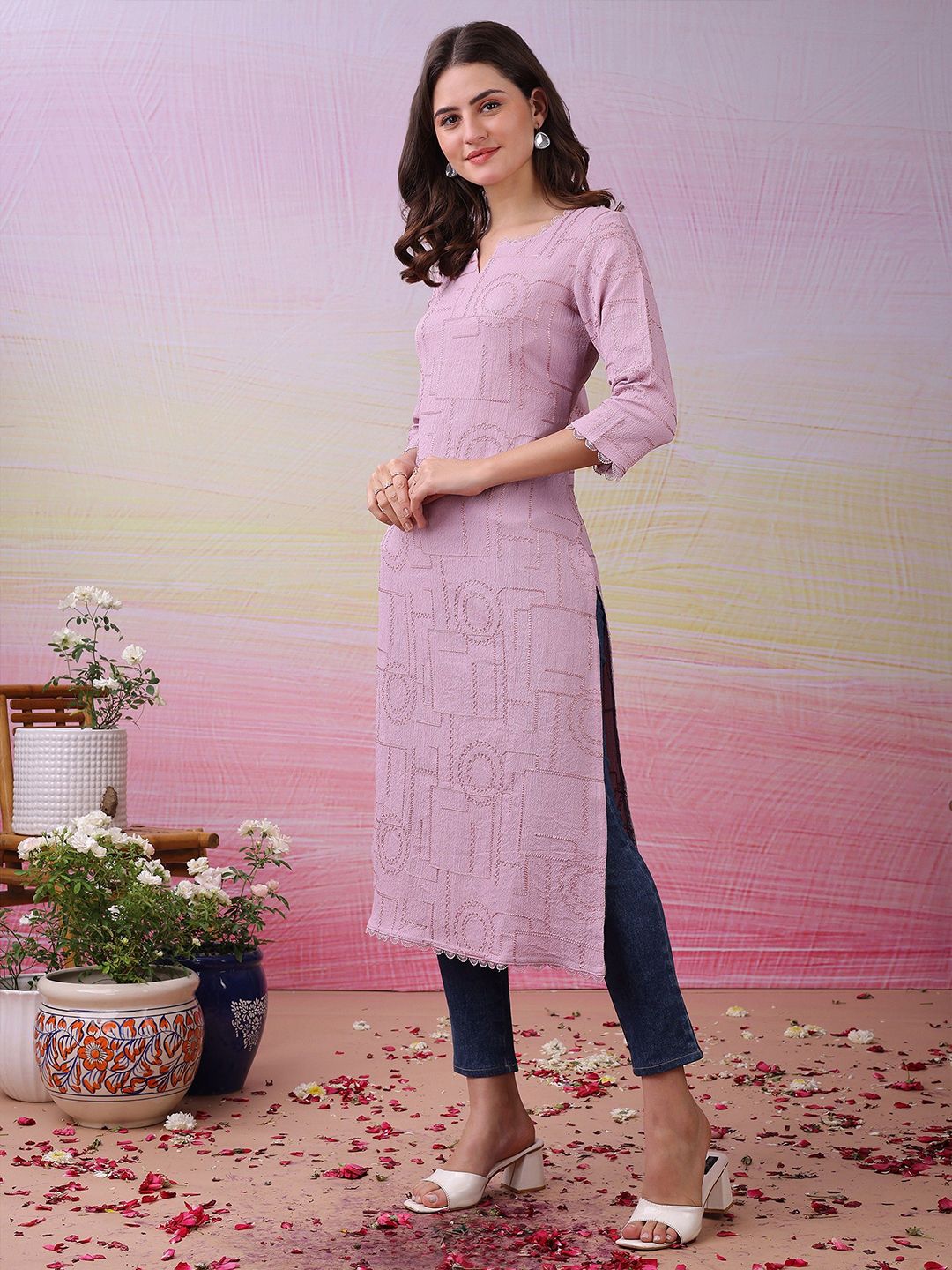 Label Khoj Women's Pink Polyester Embroidered Kurta