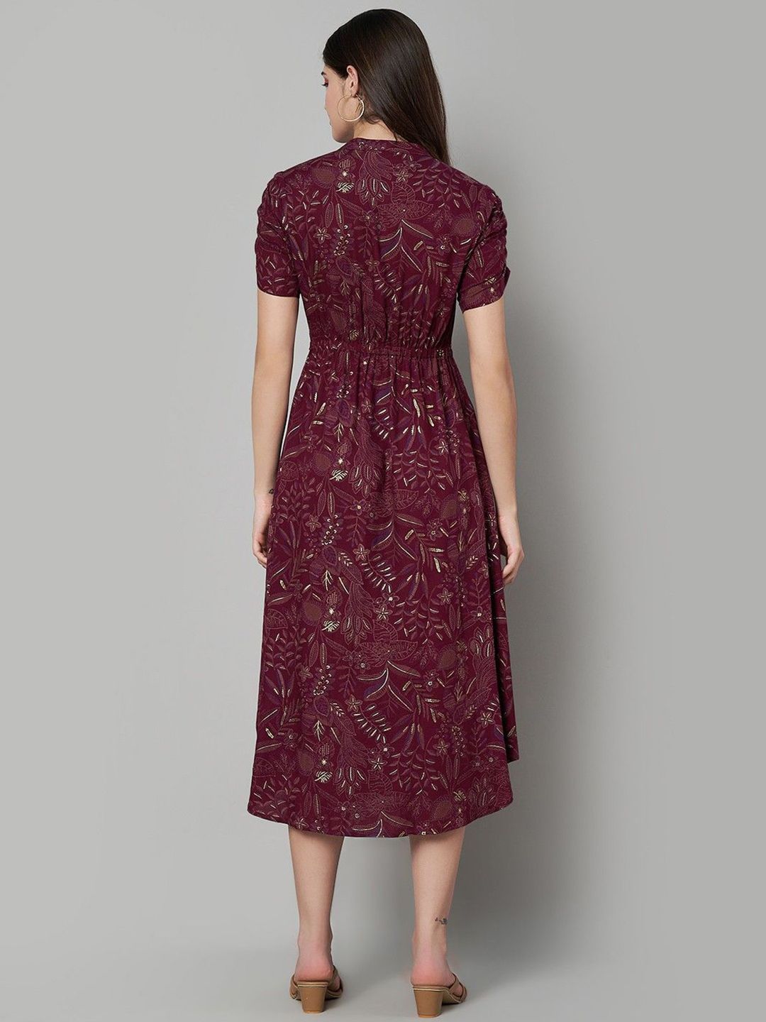 Label Khoj Women's Maroon Rayon Printed Midi Dress