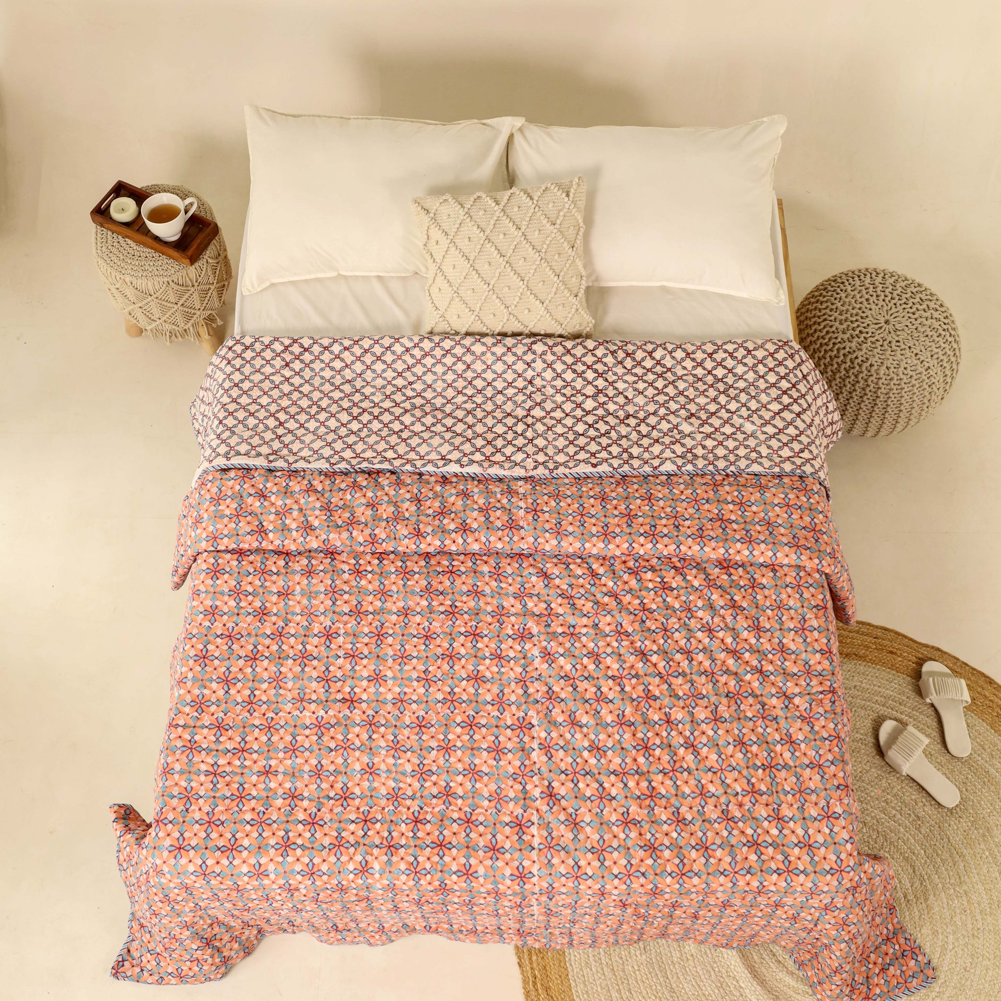Peach and Blue Reversible Quilted Bed Razai