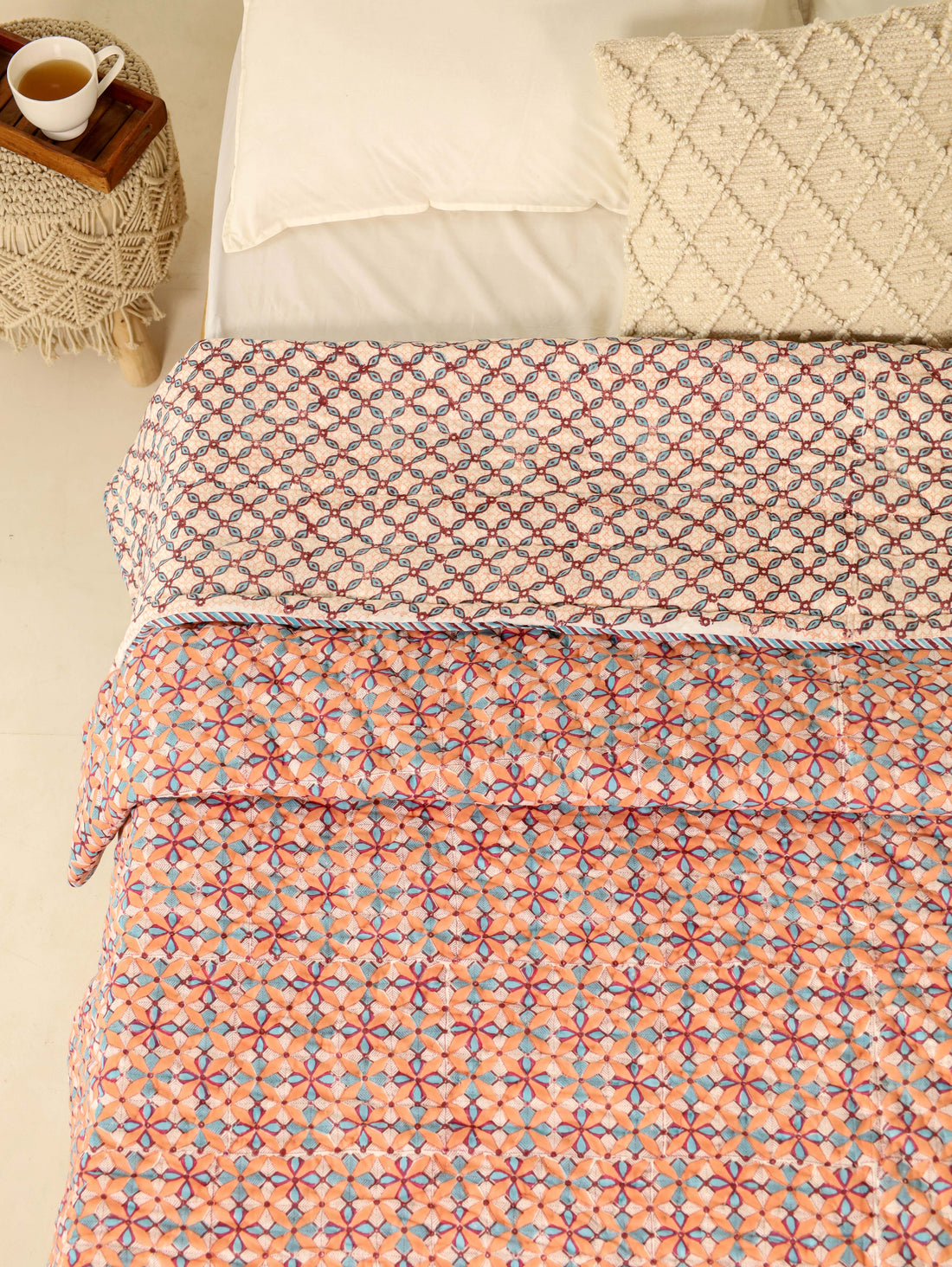 Peach and Blue Reversible Quilted Bed Razai