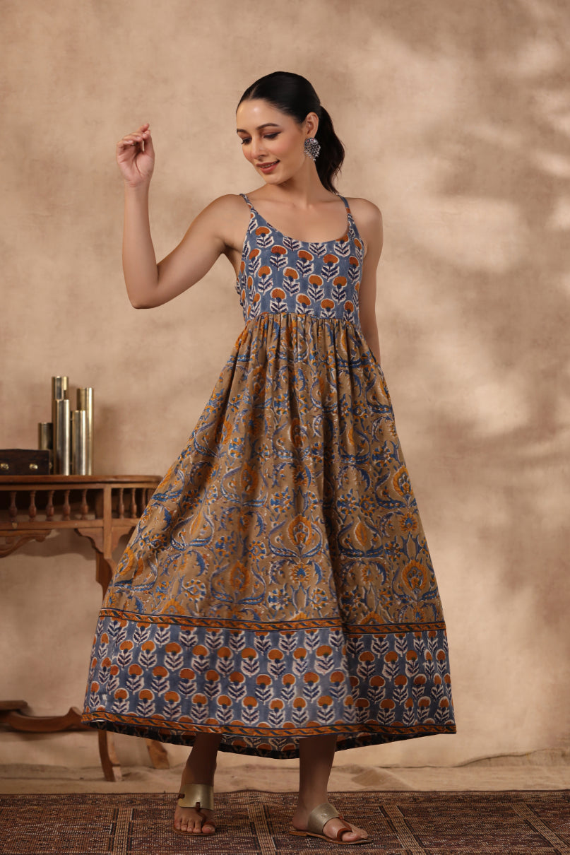 Shuddhi BlUE and Brown Spaghetti Dress
