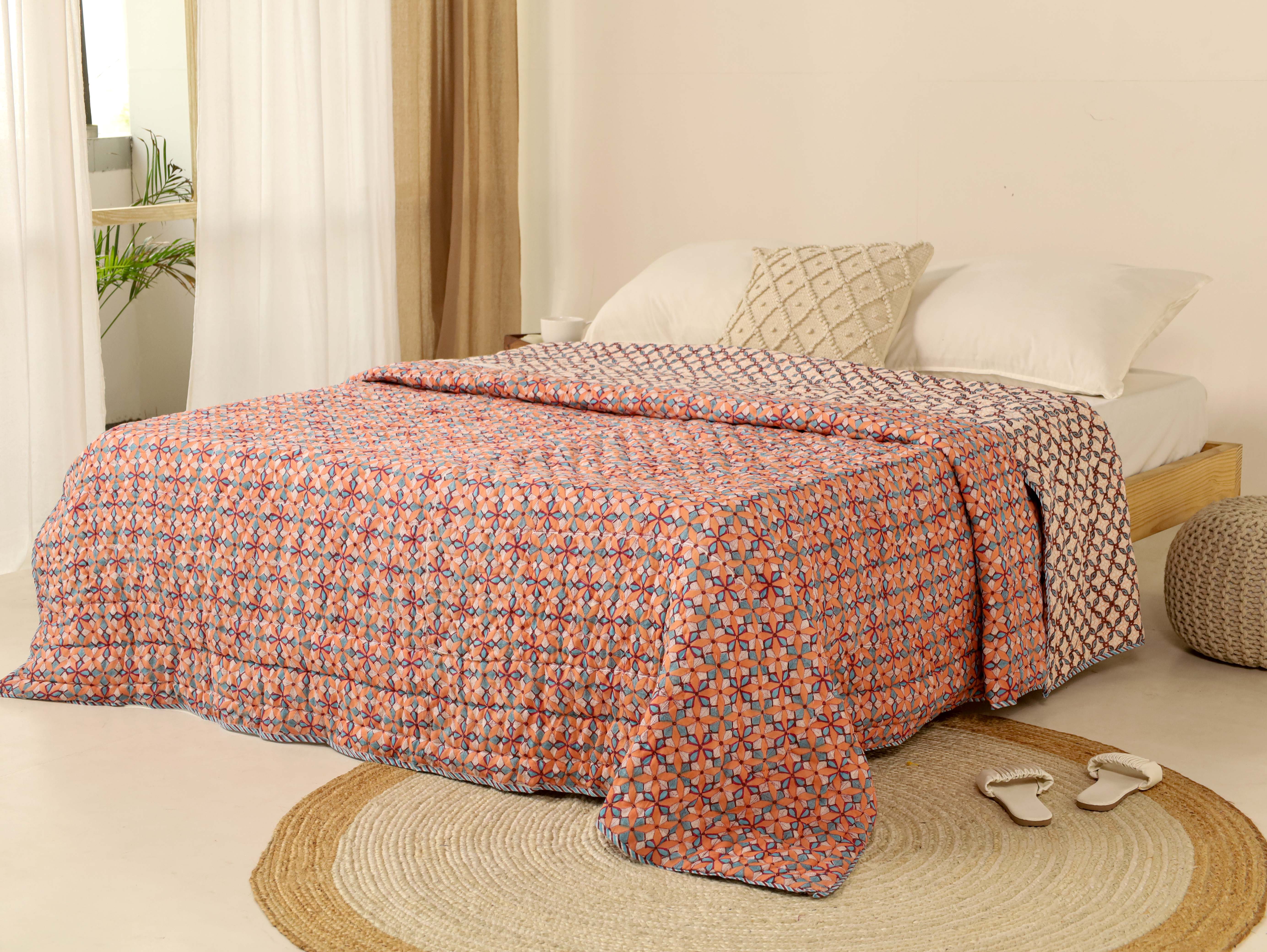 Peach and Blue Reversible Quilted Bed Razai