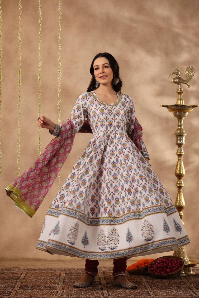Shuddhi White and Teal aNarkali Kurta with Chanderi Duppata