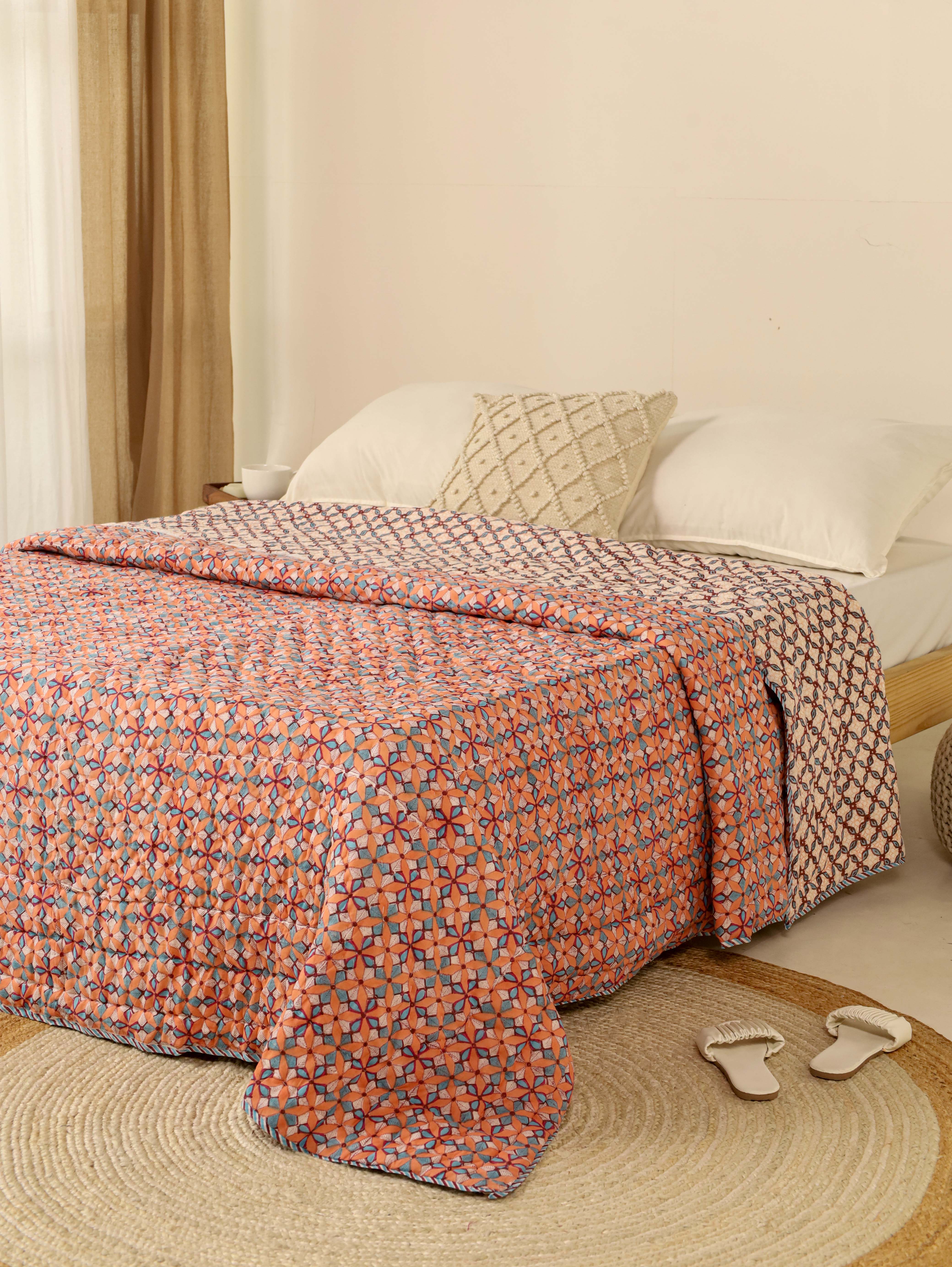 Peach and Blue Reversible Quilted Bed Razai