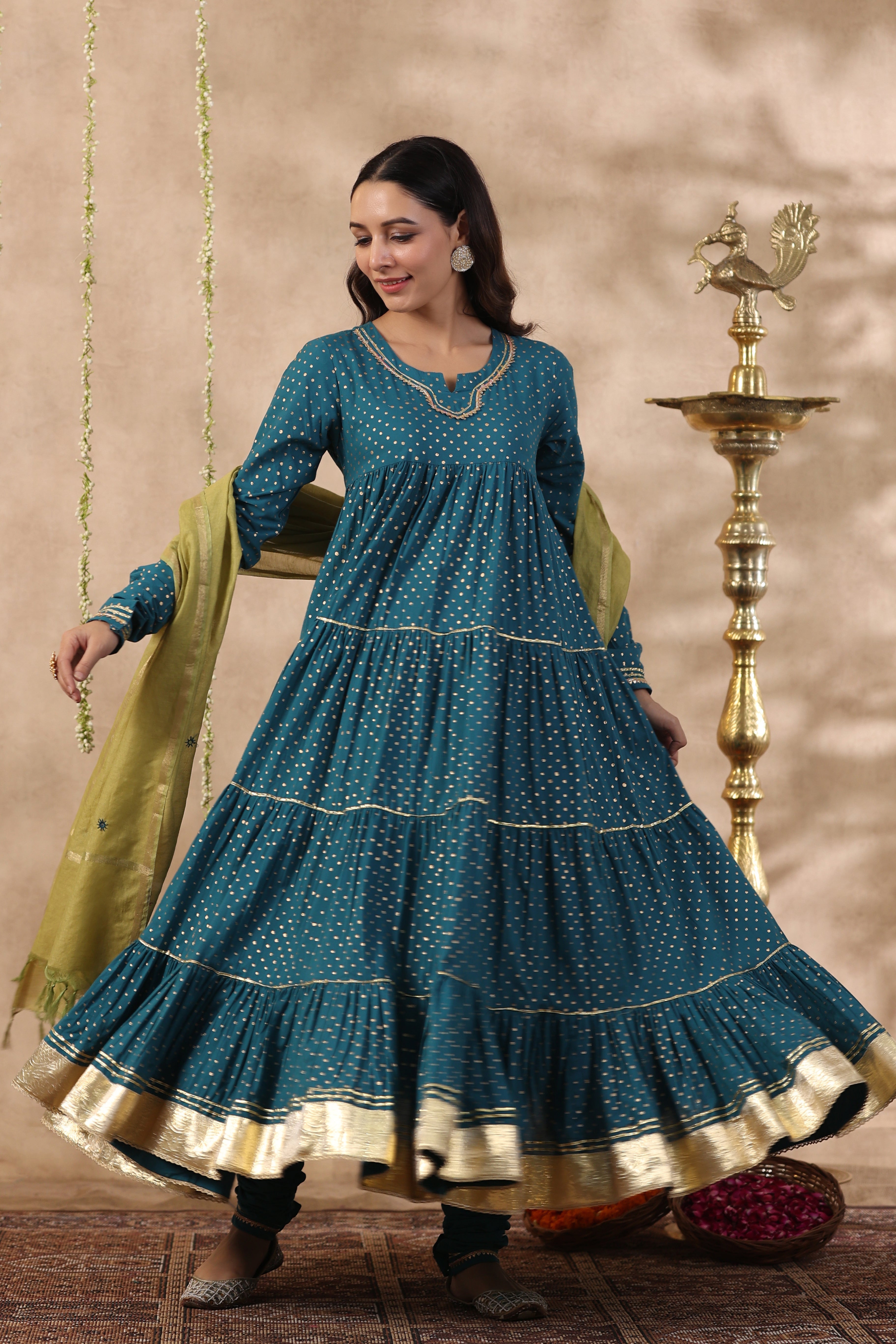 Shuddhi Teal Green tier kurta with chuddidar and duppatta